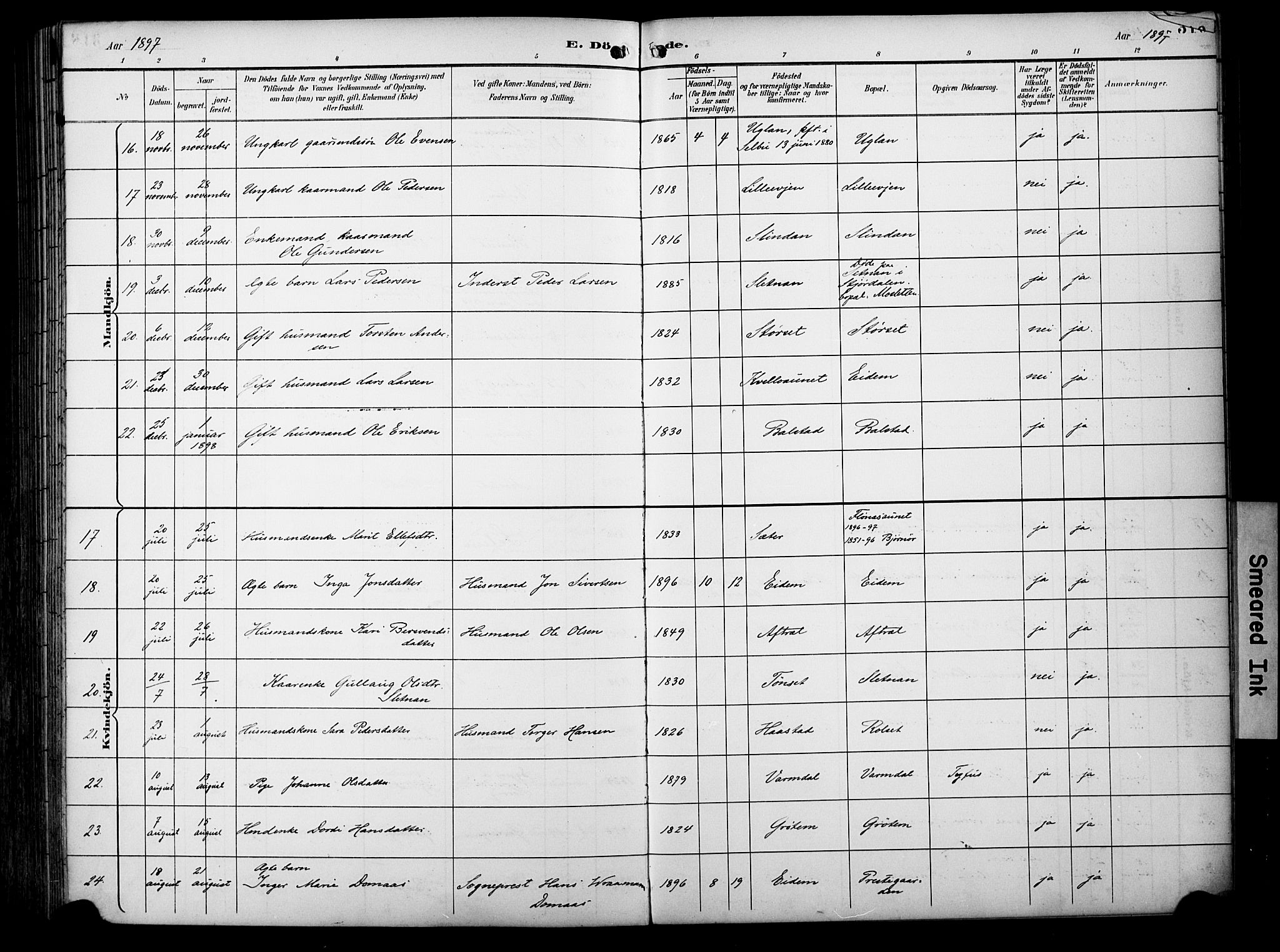 Ministerialprotokoller, klokkerbøker og fødselsregistre - Sør-Trøndelag, SAT/A-1456/695/L1149: Ministerialbok nr. 695A09, 1891-1902, s. 319