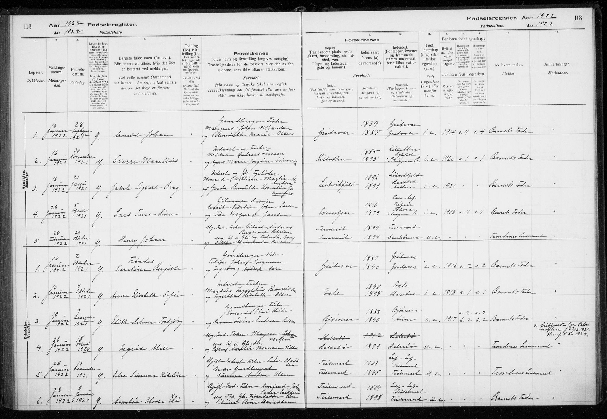 Trondenes sokneprestkontor, SATØ/S-1319/I/Ia/L0089: Fødselsregister nr. 89, 1916-1925, s. 113