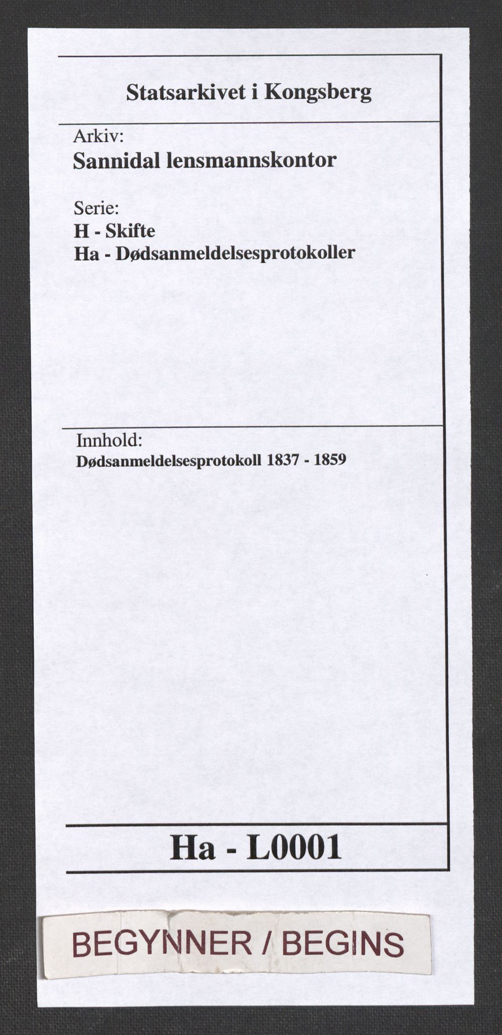 Sannidal lensmannskontor, SAKO/A-569/H/Ha/L0001: Dødsanmeldelsesprotokoll, 1837-1859