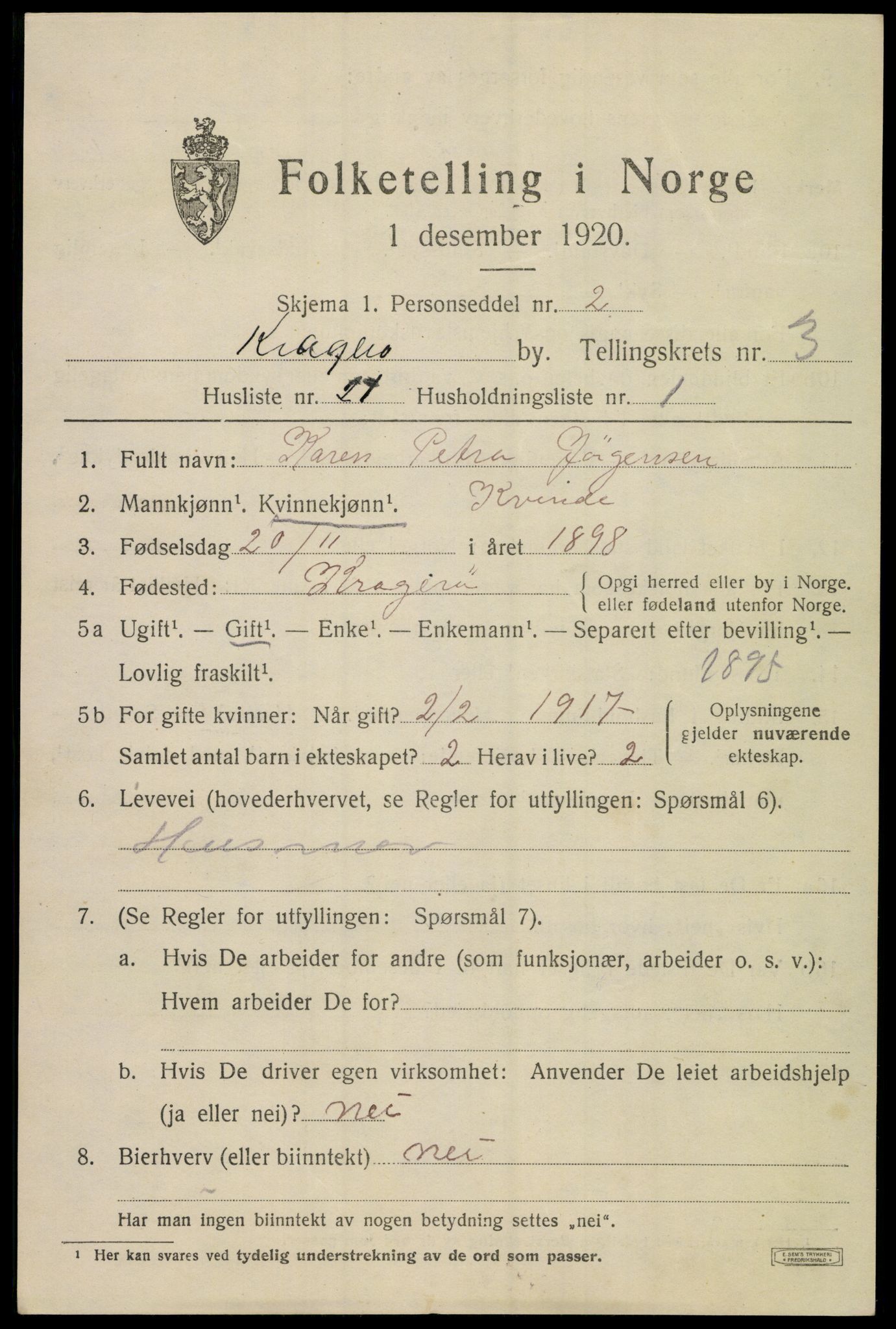 SAKO, Folketelling 1920 for 0801 Kragerø kjøpstad, 1920, s. 7293