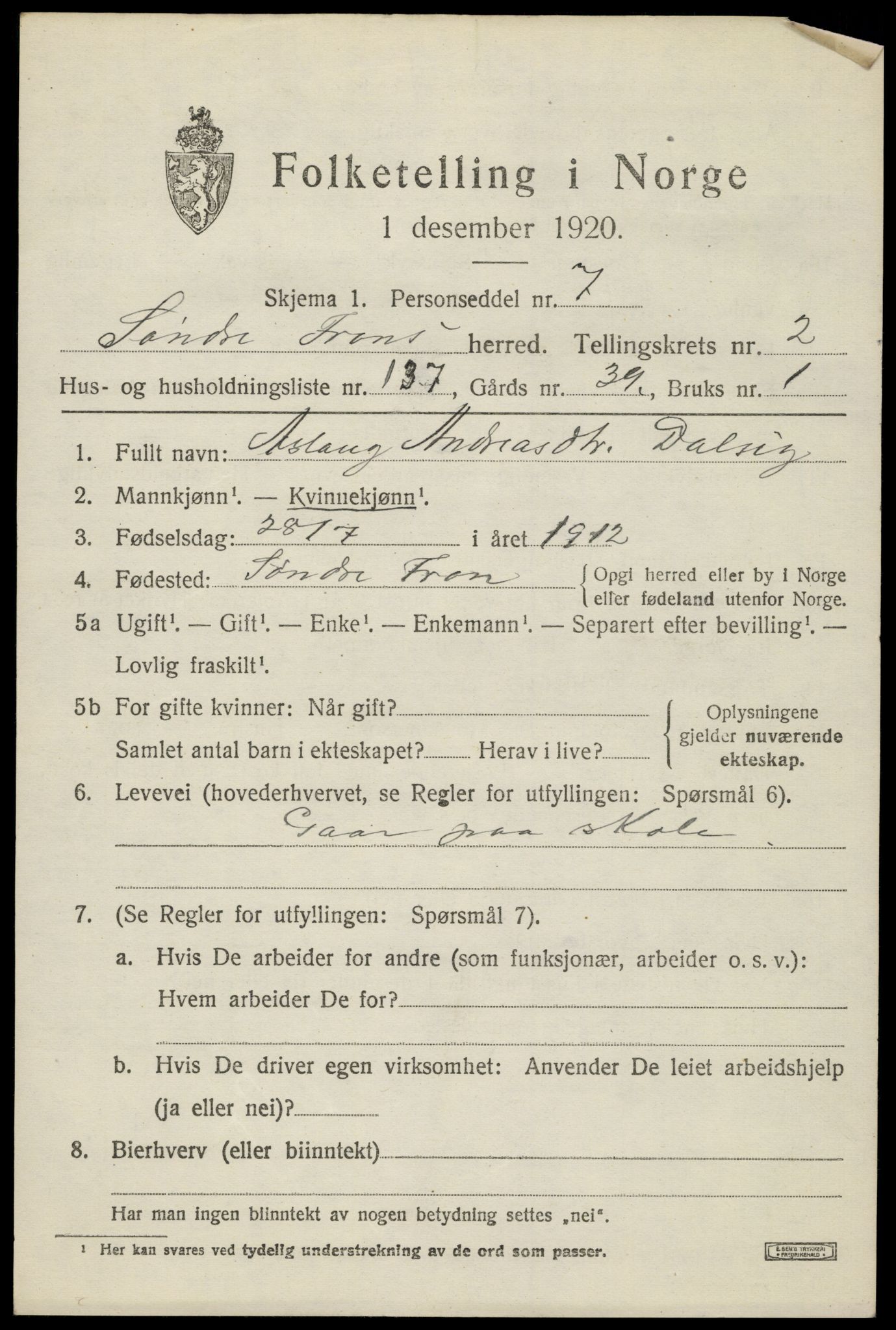 SAH, Folketelling 1920 for 0519 Sør-Fron herred, 1920, s. 3477