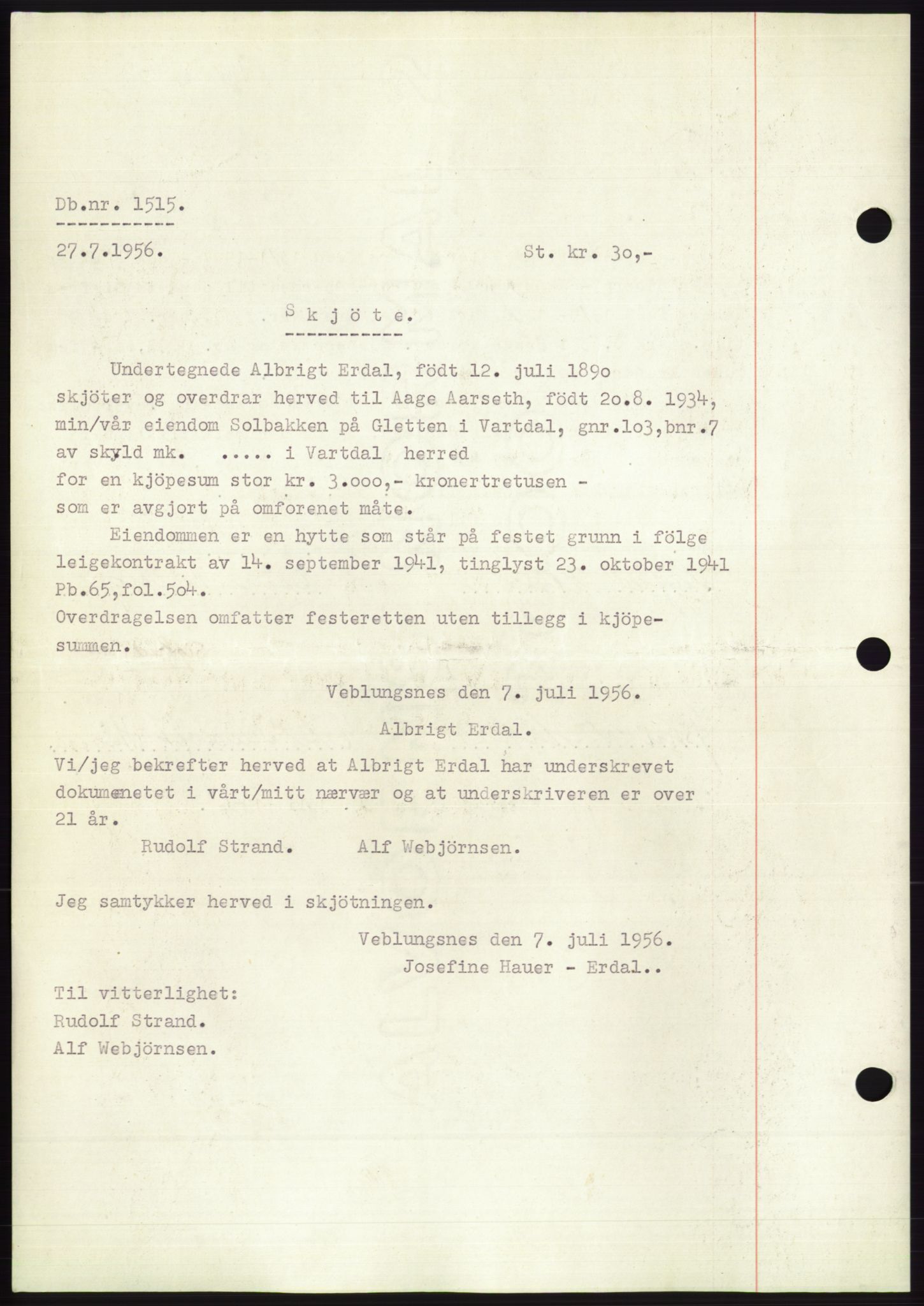 Søre Sunnmøre sorenskriveri, AV/SAT-A-4122/1/2/2C/L0104: Pantebok nr. 30A, 1956-1956, Dagboknr: 1515/1956
