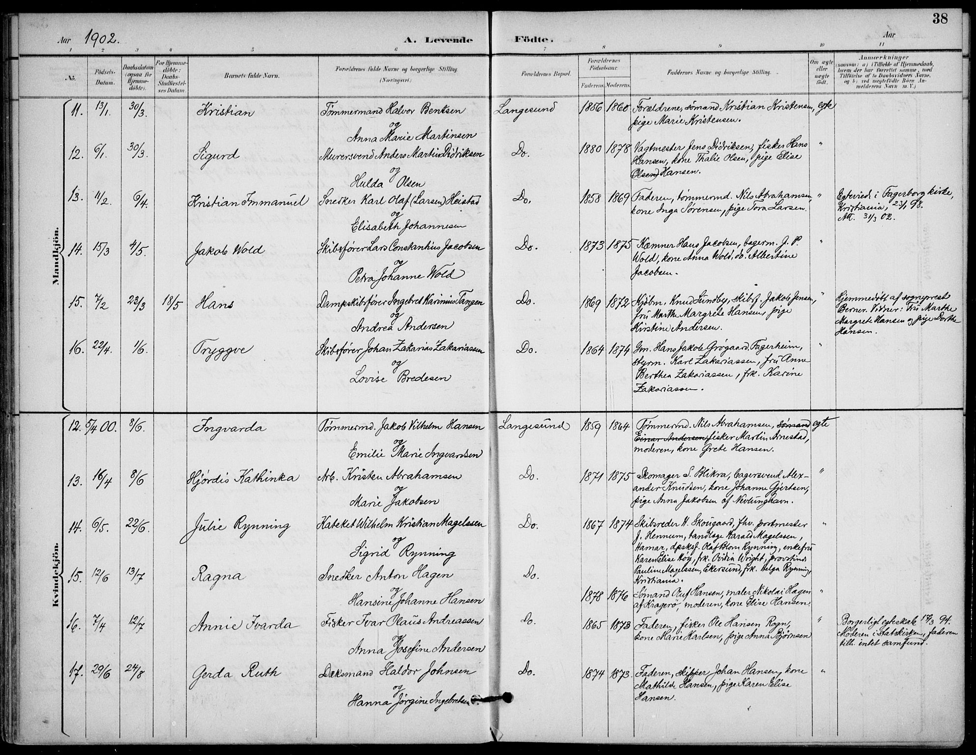 Langesund kirkebøker, AV/SAKO-A-280/F/Fa/L0003: Ministerialbok nr. 3, 1893-1907, s. 38