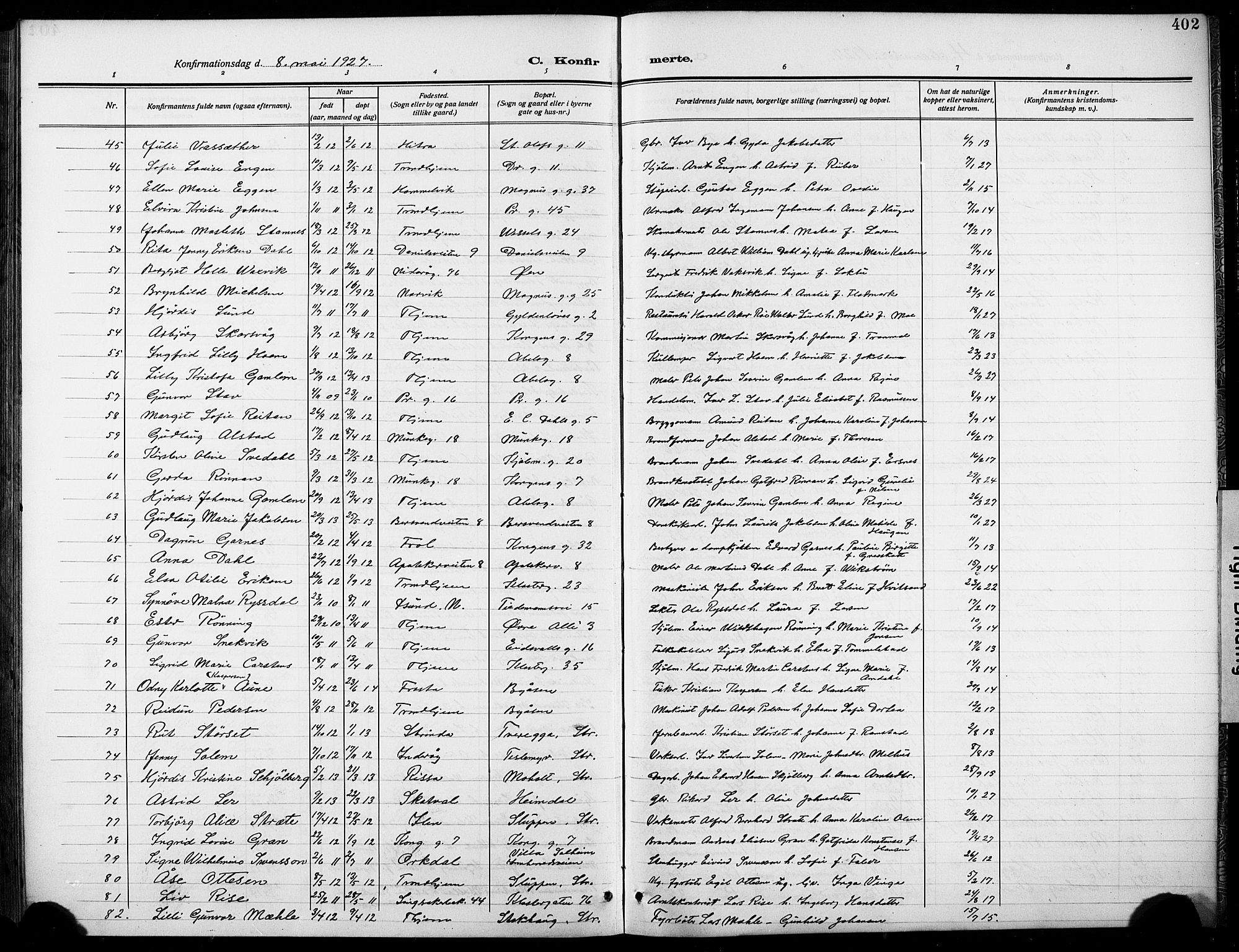 Ministerialprotokoller, klokkerbøker og fødselsregistre - Sør-Trøndelag, AV/SAT-A-1456/601/L0096: Klokkerbok nr. 601C14, 1911-1931, s. 402