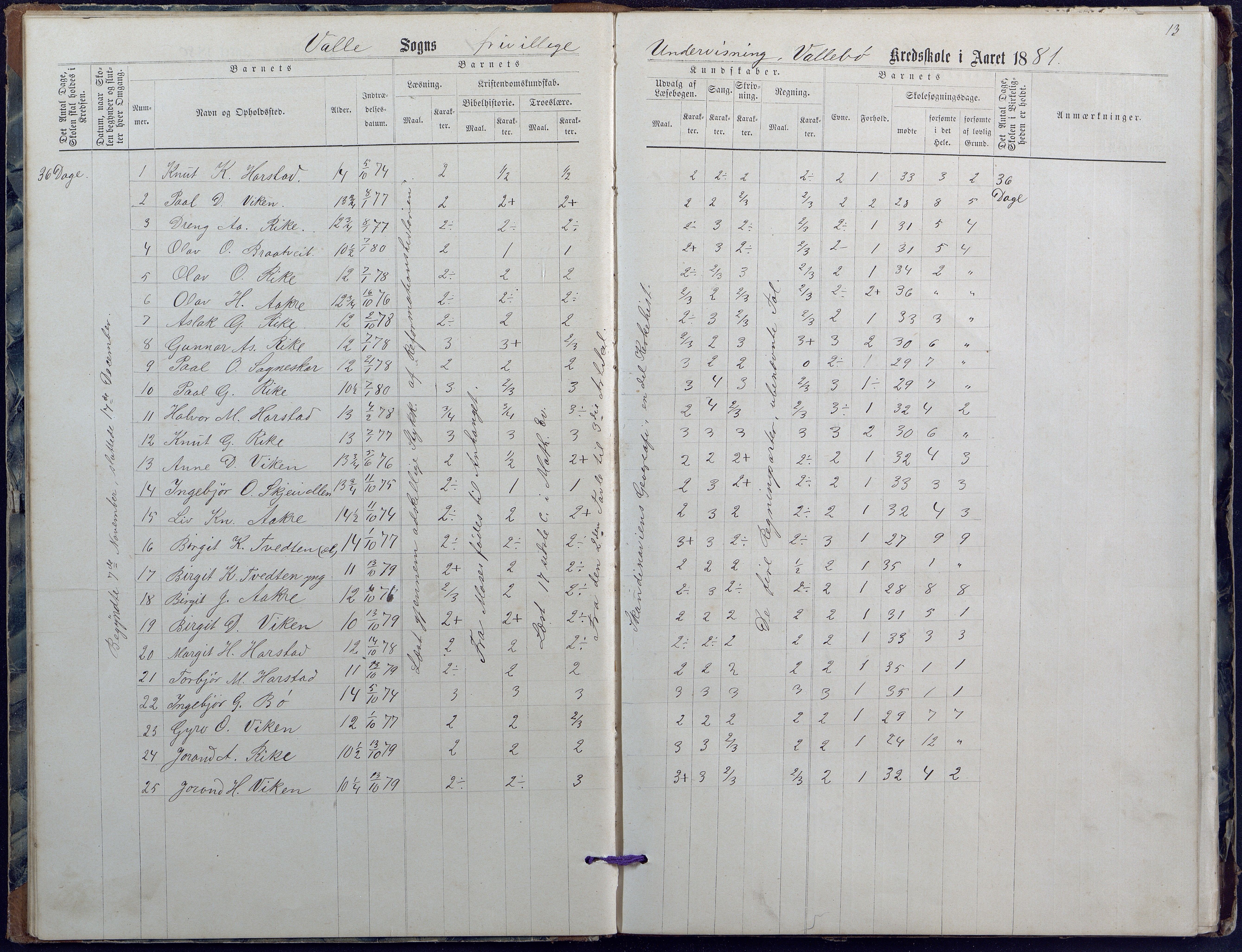 Valle kommune, AAKS/KA0940-PK/03/L0047: Protokoll over skolehold og skolesøkning i Valle faste skole, 1872-1890, s. 13