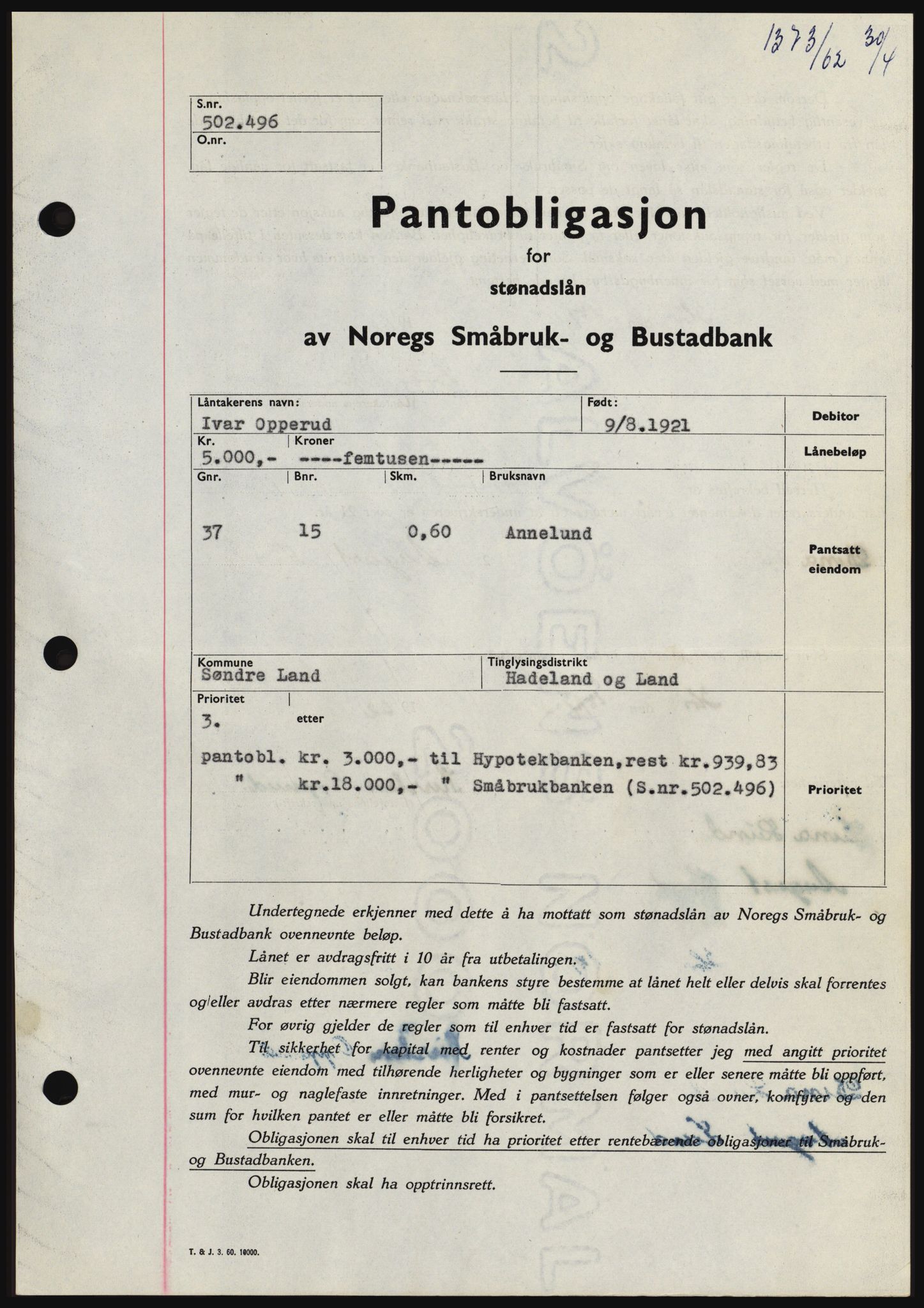 Hadeland og Land tingrett, SAH/TING-010/H/Hb/Hbc/L0048: Pantebok nr. B48, 1962-1962, Dagboknr: 1373/1962