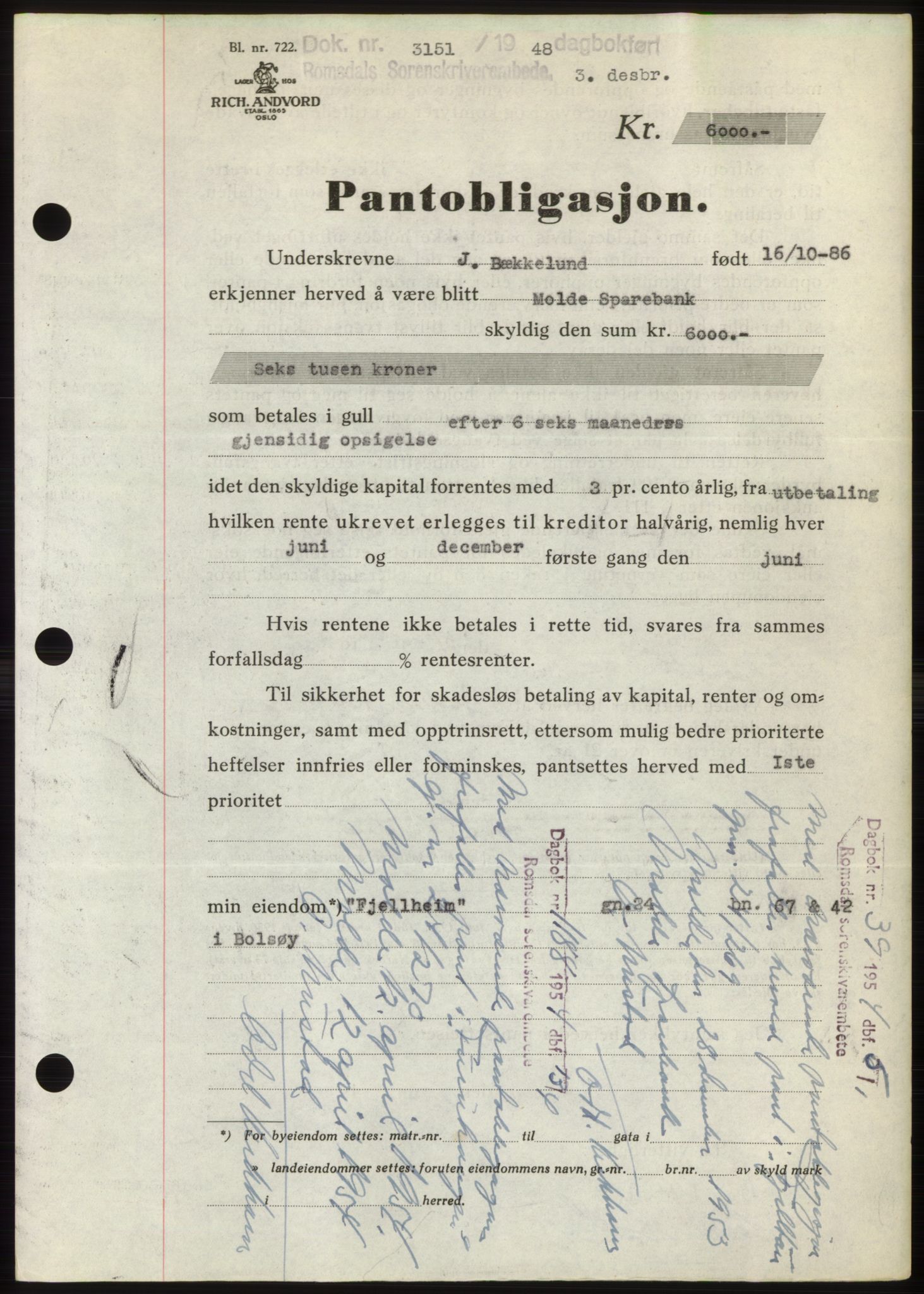 Romsdal sorenskriveri, SAT/A-4149/1/2/2C: Pantebok nr. B4, 1948-1949, Dagboknr: 3151/1948
