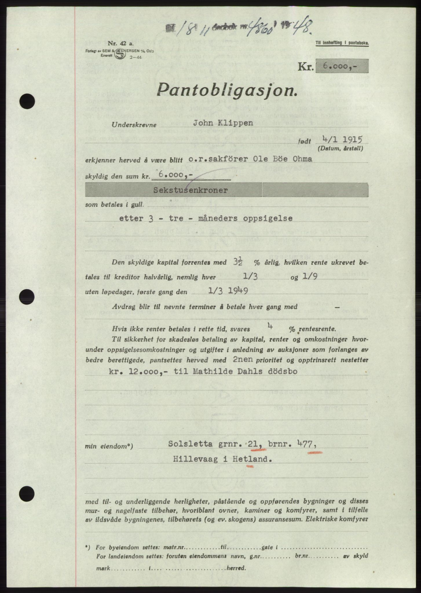 Jæren sorenskriveri, SAST/A-100310/03/G/Gba/L0100: Pantebok, 1948-1948, Dagboknr: 4860/1948