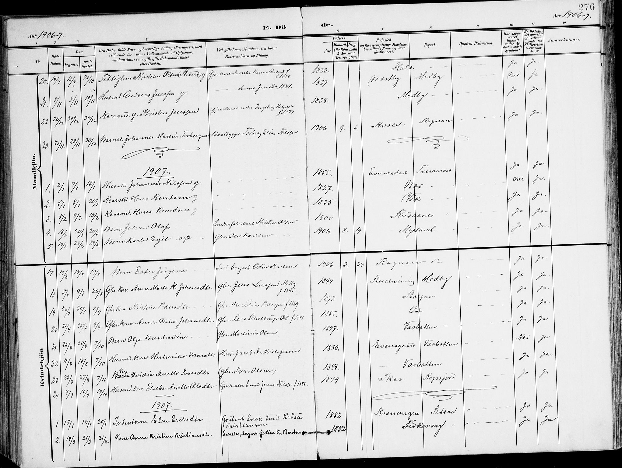 Ministerialprotokoller, klokkerbøker og fødselsregistre - Nordland, SAT/A-1459/847/L0672: Ministerialbok nr. 847A12, 1902-1919, s. 276