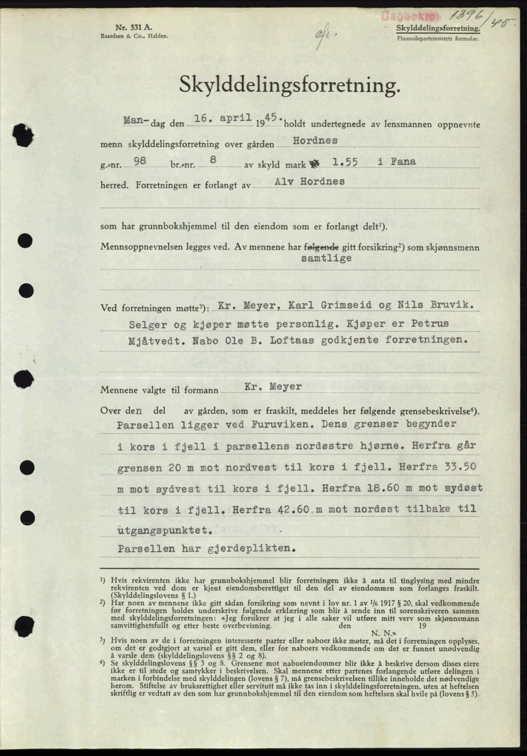 Midhordland sorenskriveri, SAB/A-3001/1/G/Gb/Gbj/L0019: Pantebok nr. A37-38, 1944-1945, Dagboknr: 1396/1945