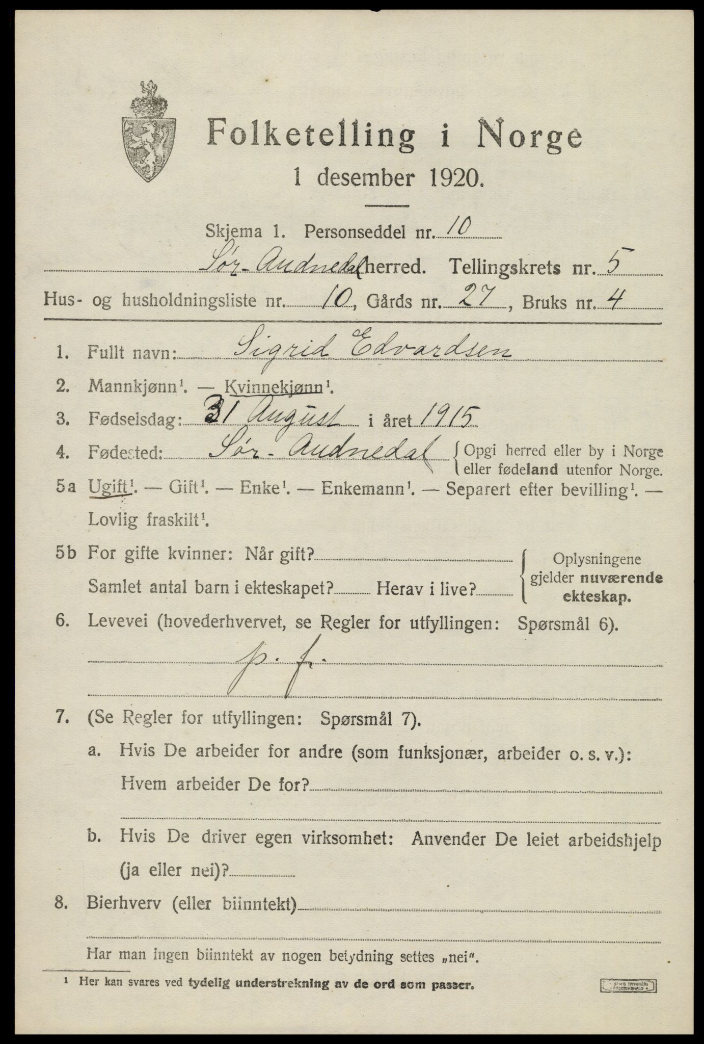 SAK, Folketelling 1920 for 1029 Sør-Audnedal herred, 1920, s. 2591