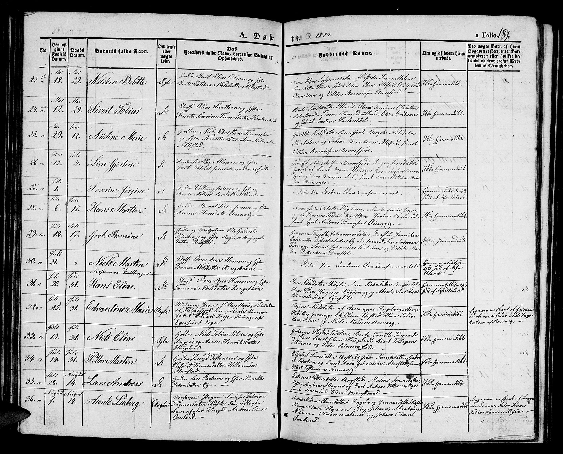 Flekkefjord sokneprestkontor, AV/SAK-1111-0012/F/Fb/Fbb/L0002: Klokkerbok nr. B 2a, 1831-1866, s. 189
