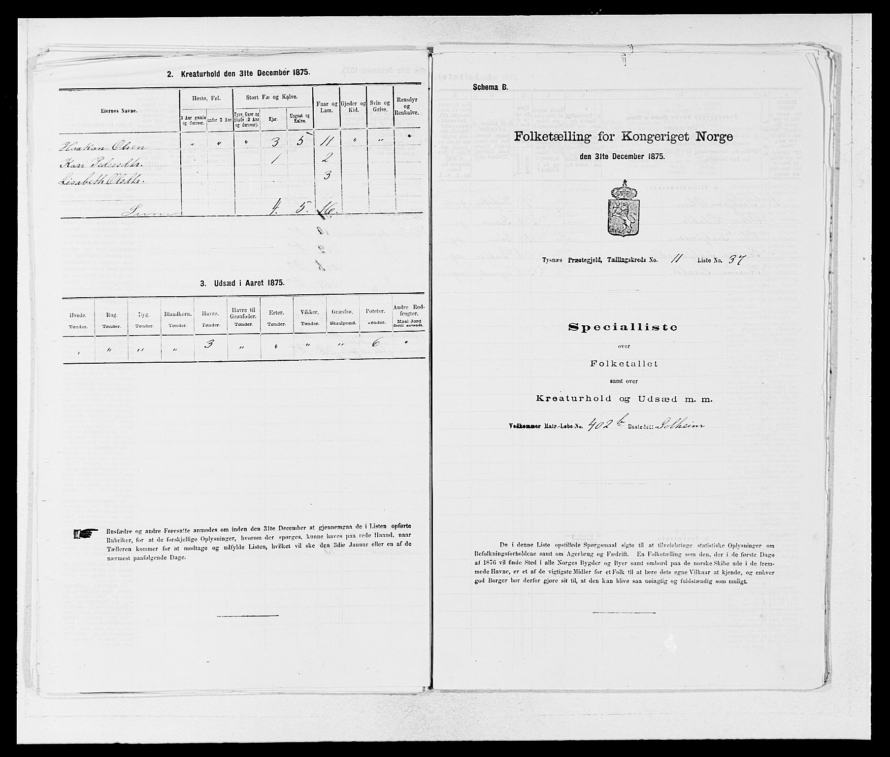 SAB, Folketelling 1875 for 1223P Tysnes prestegjeld, 1875, s. 1354