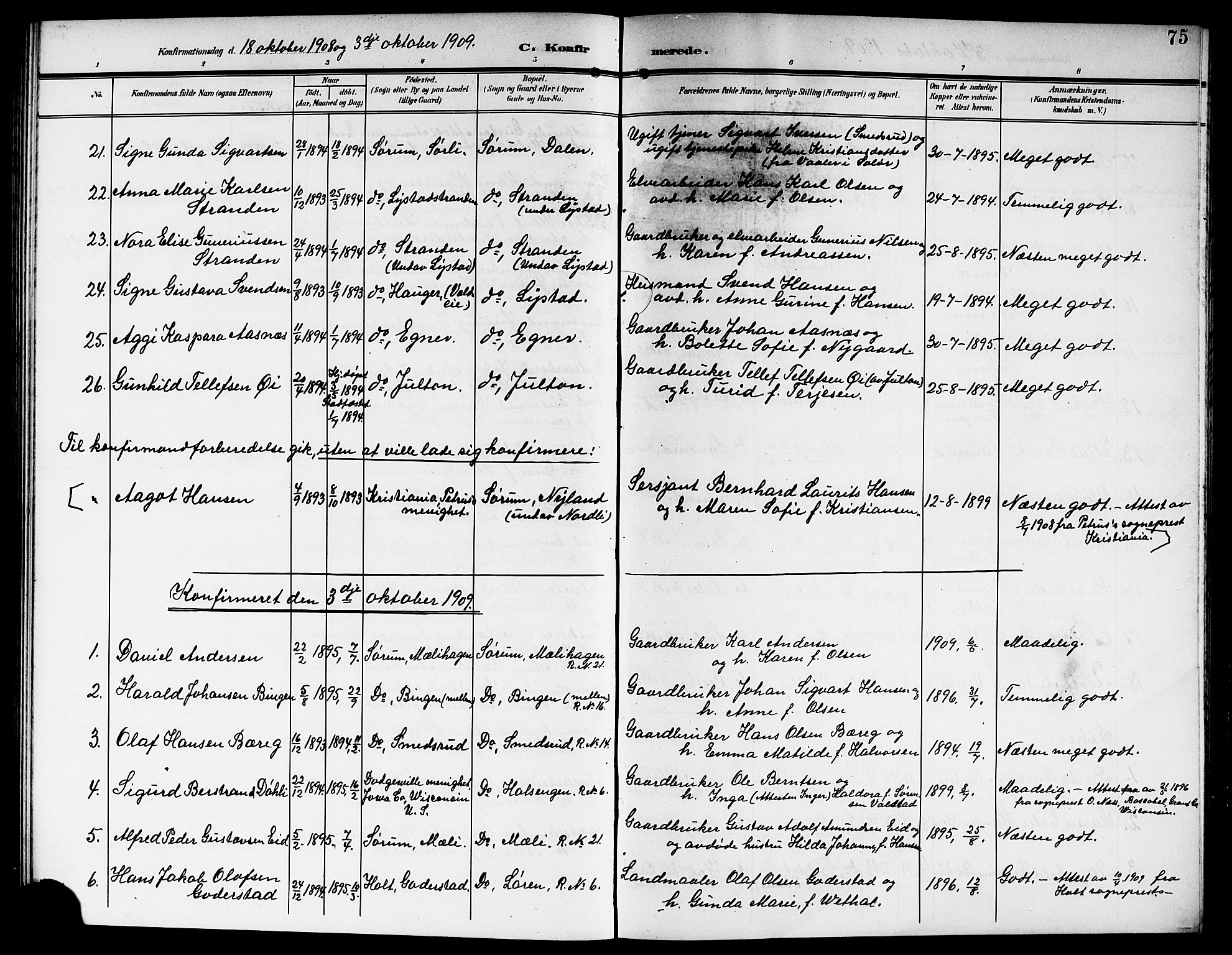 Sørum prestekontor Kirkebøker, AV/SAO-A-10303/G/Ga/L0007: Klokkerbok nr. I 7, 1907-1917, s. 75