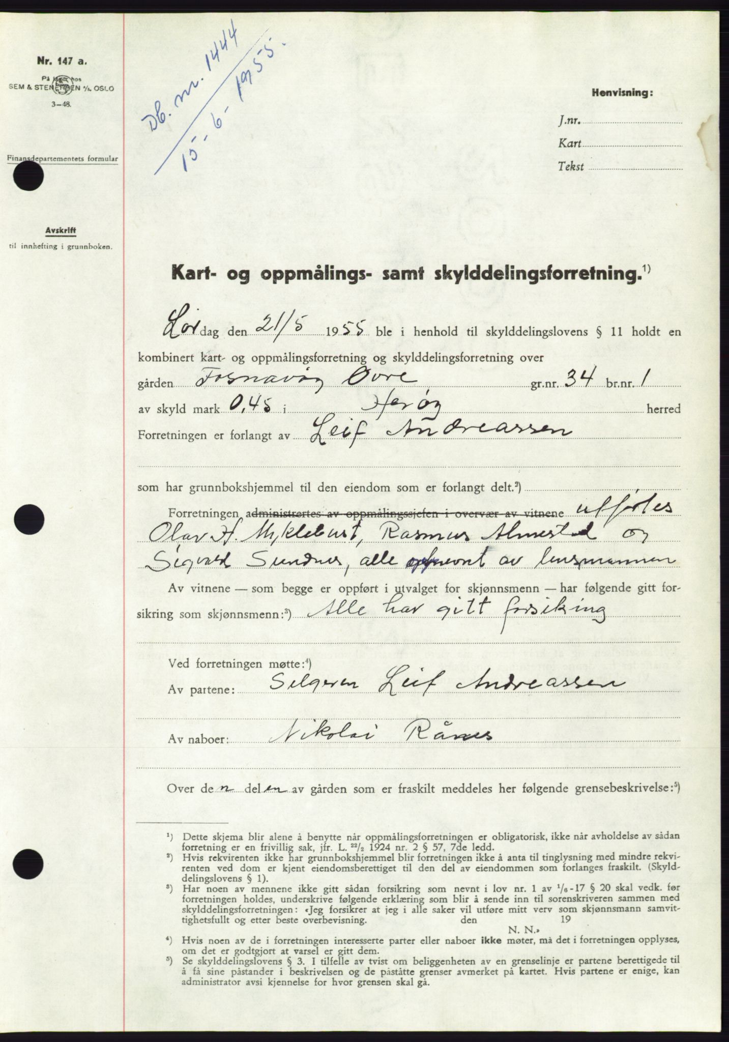 Søre Sunnmøre sorenskriveri, AV/SAT-A-4122/1/2/2C/L0101: Pantebok nr. 27A, 1955-1955, Dagboknr: 1444/1955