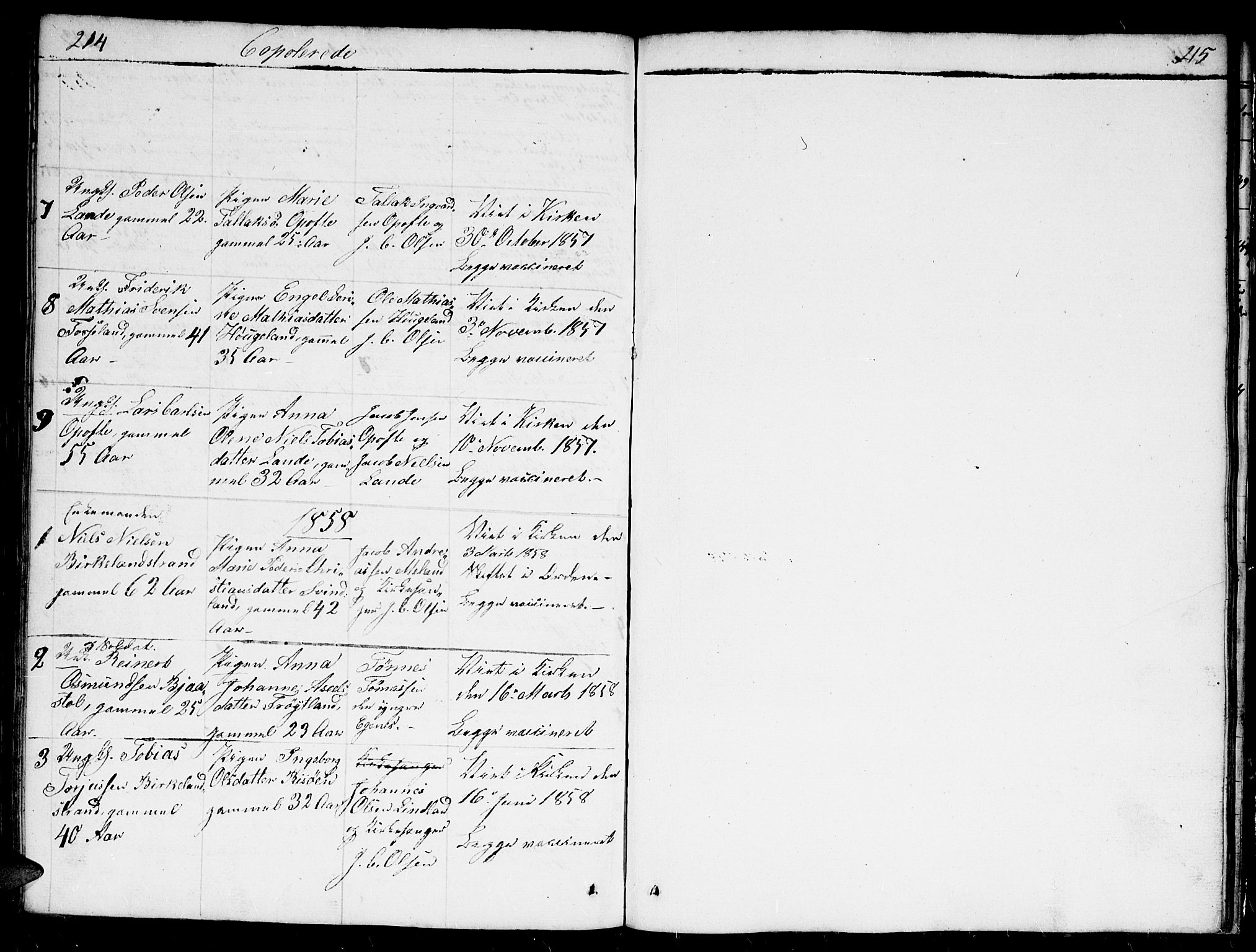 Kvinesdal sokneprestkontor, SAK/1111-0026/F/Fb/Fba/L0002: Klokkerbok nr. B 2, 1838-1858, s. 214-215