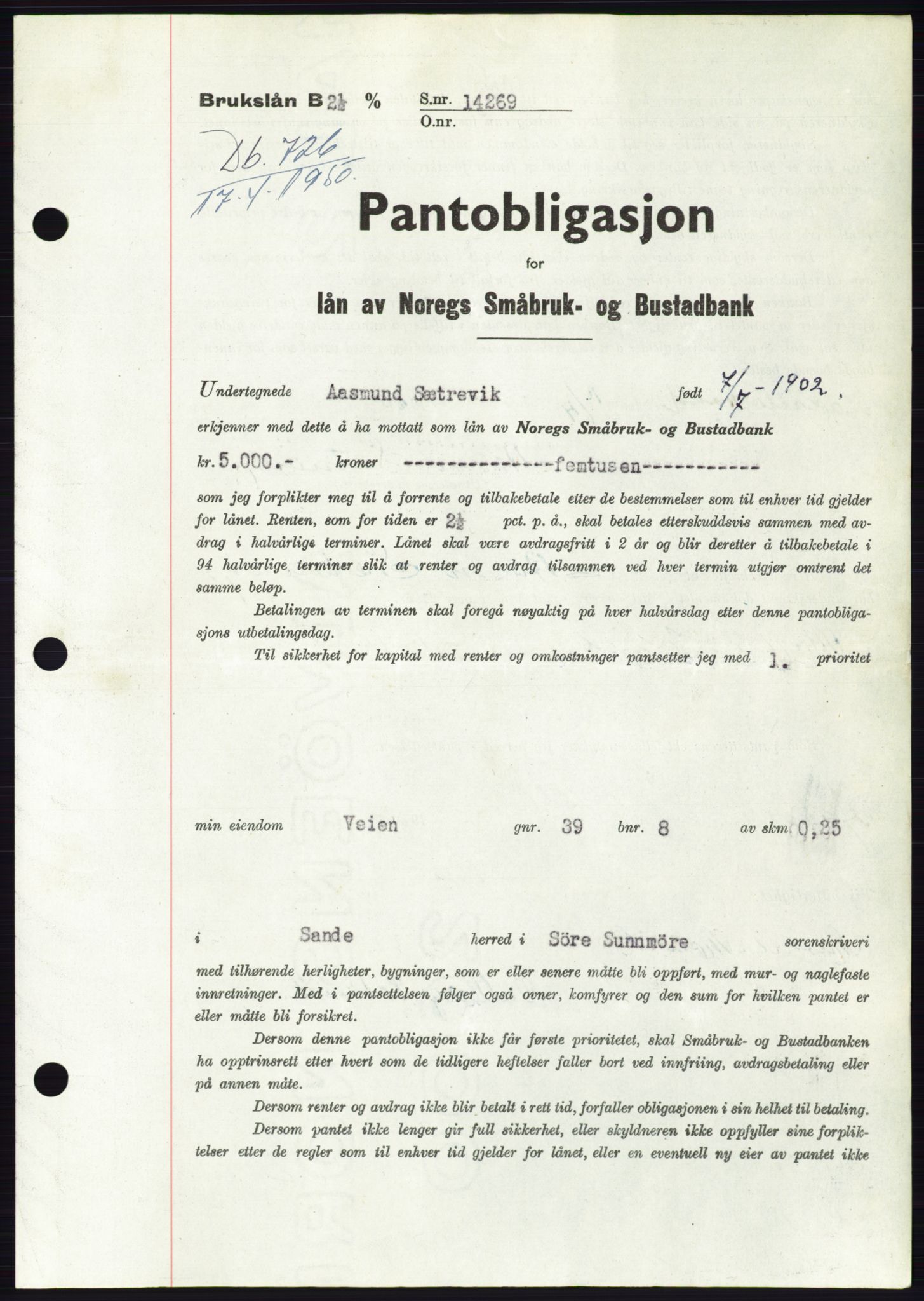 Søre Sunnmøre sorenskriveri, SAT/A-4122/1/2/2C/L0118: Pantebok nr. 6B, 1949-1950, Dagboknr: 726/1950