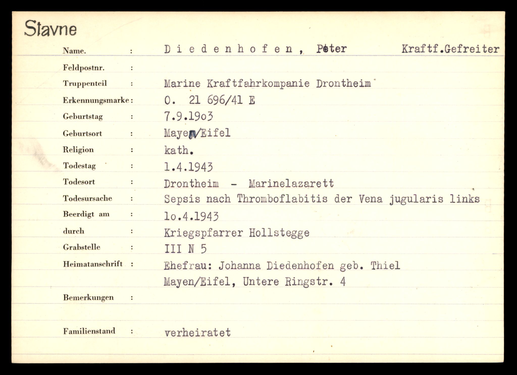 Distriktskontoret for krigsgraver, SAT/A-5030/E/L0003: Kasett/kartotek over tysk Krigskirkegård Stavne, 1945, s. 213