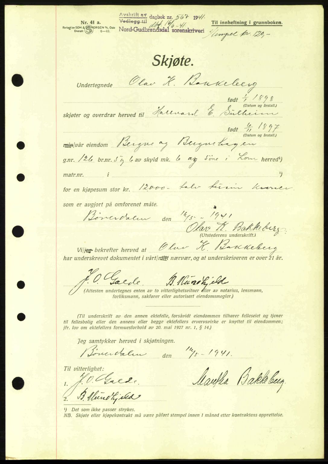 Nord-Gudbrandsdal tingrett, SAH/TING-002/H/Hb/Hbb/L0007: Pantebok nr. FA7, 1941-1941, Dagboknr: 567/1941