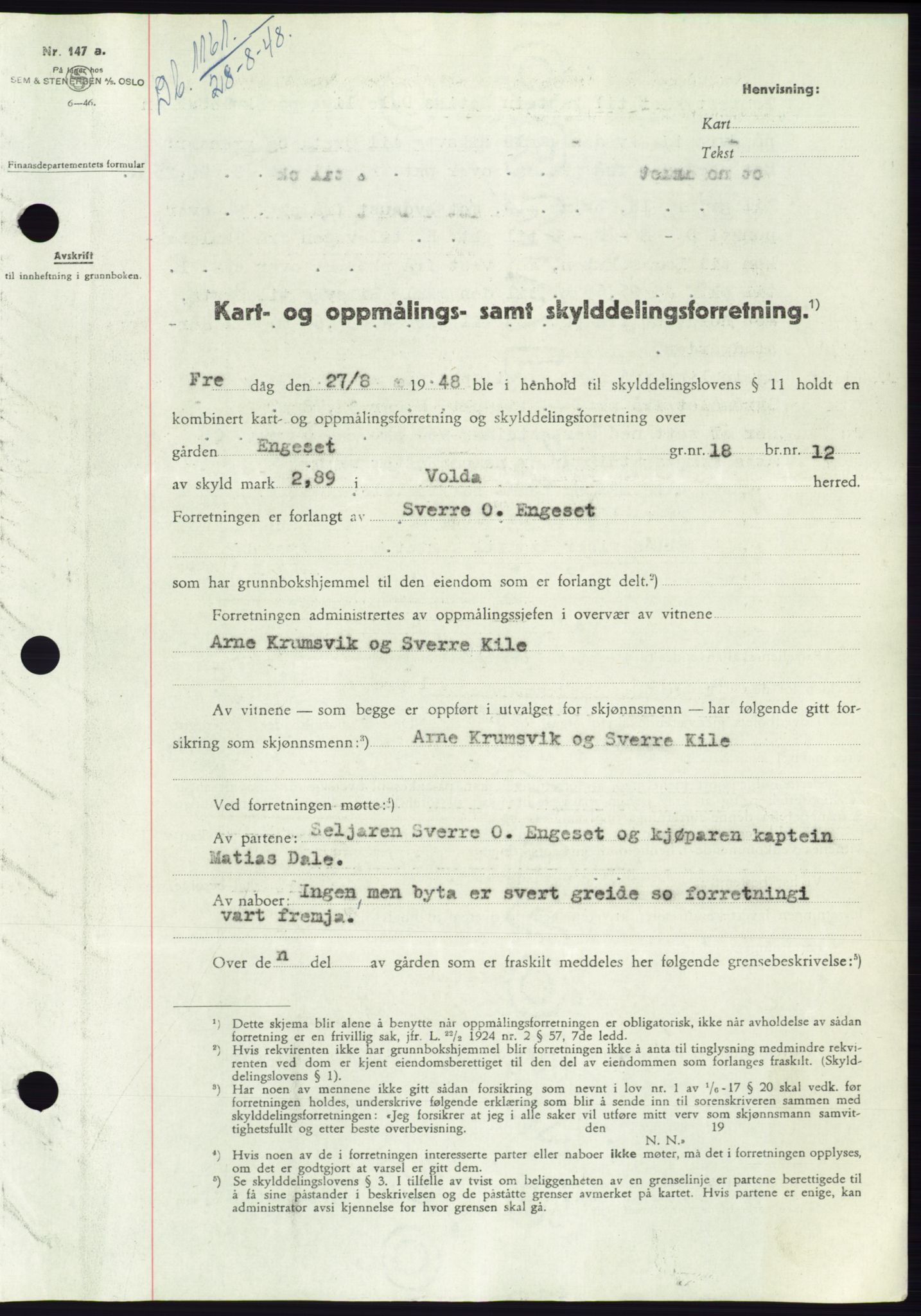 Søre Sunnmøre sorenskriveri, SAT/A-4122/1/2/2C/L0082: Pantebok nr. 8A, 1948-1948, Dagboknr: 1161/1948
