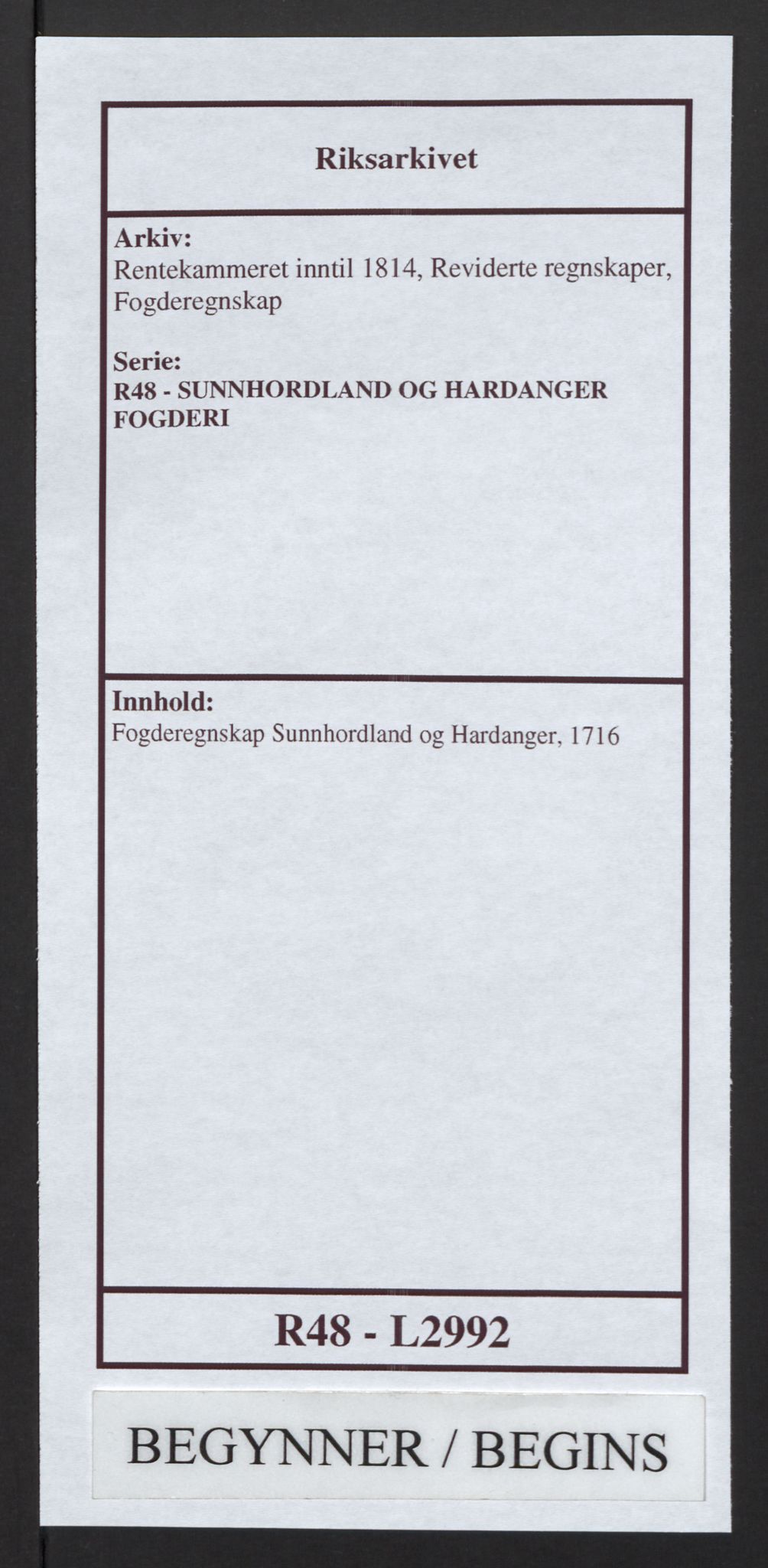 Rentekammeret inntil 1814, Reviderte regnskaper, Fogderegnskap, RA/EA-4092/R48/L2992: Fogderegnskap Sunnhordland og Hardanger, 1716, s. 1