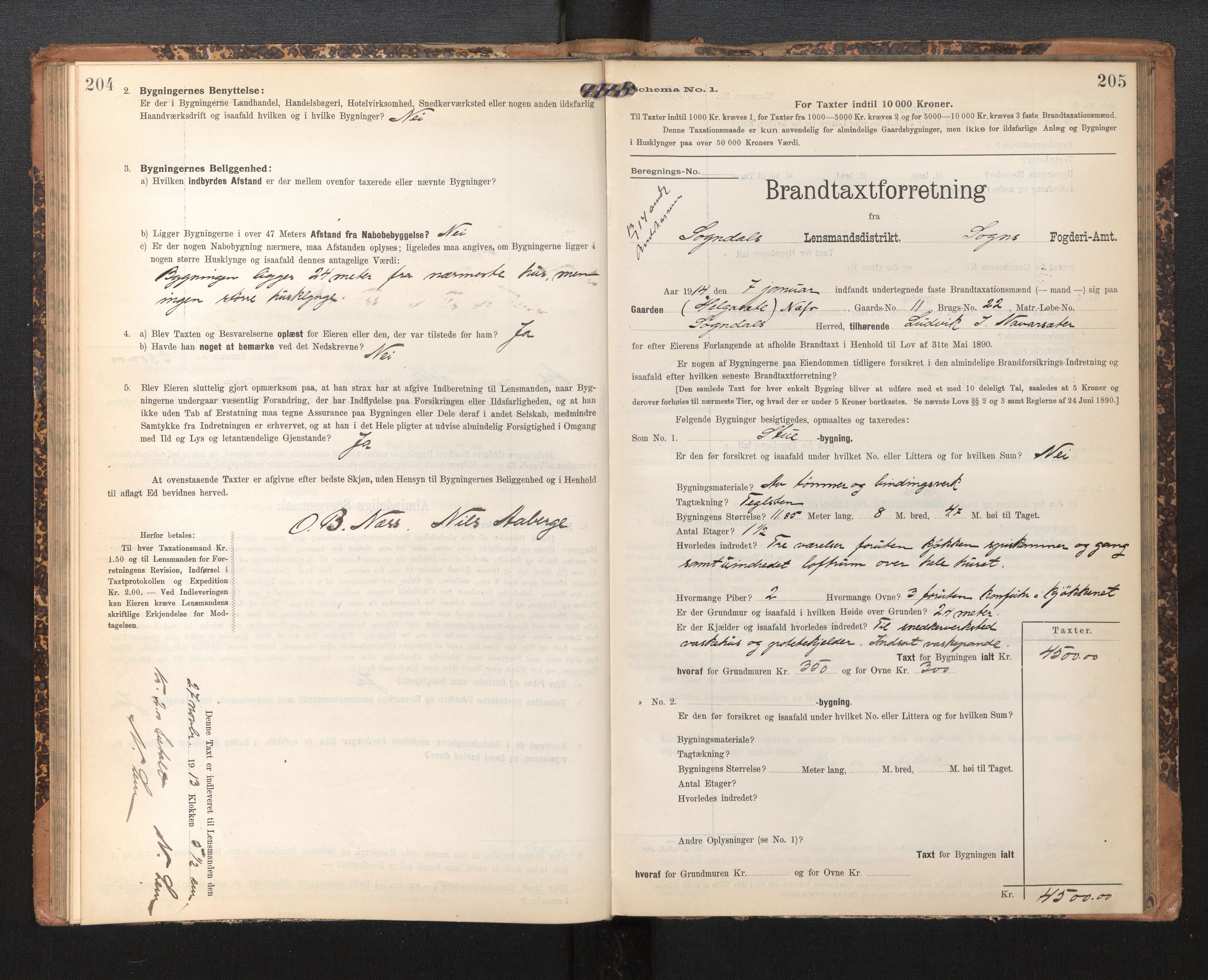 Lensmannen i Sogndal, SAB/A-29901/0012/L0010: Branntakstprotokoll, skjematakst, 1907-1914, s. 204-205