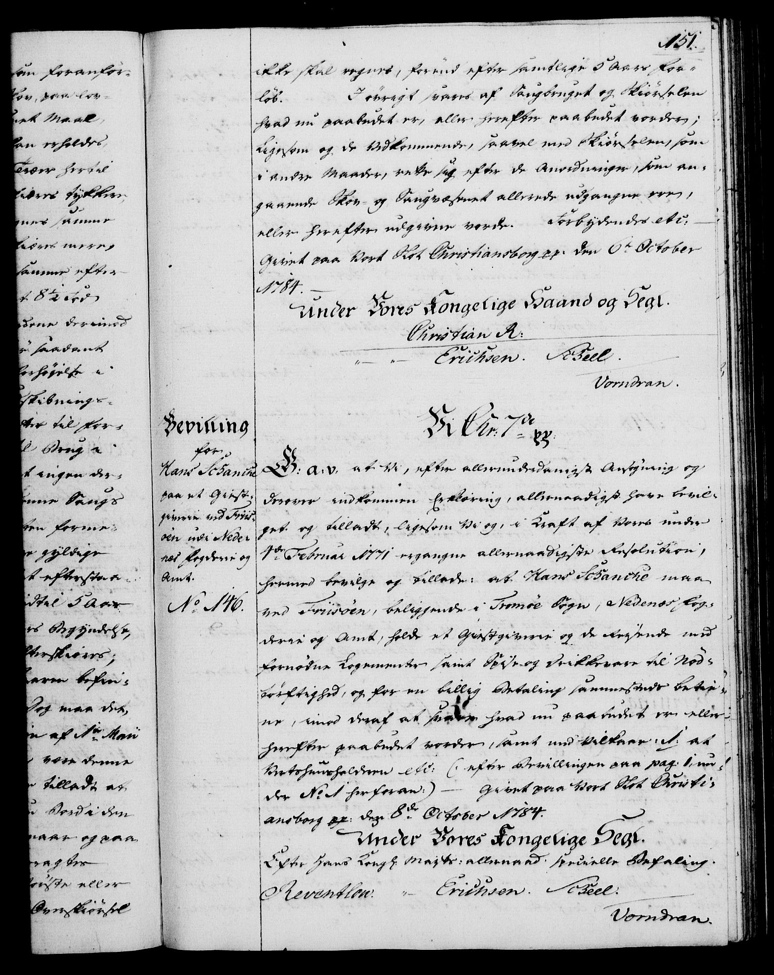 Rentekammeret, Kammerkanselliet, AV/RA-EA-3111/G/Gg/Gga/L0013: Norsk ekspedisjonsprotokoll med register (merket RK 53.13), 1784-1787, s. 151