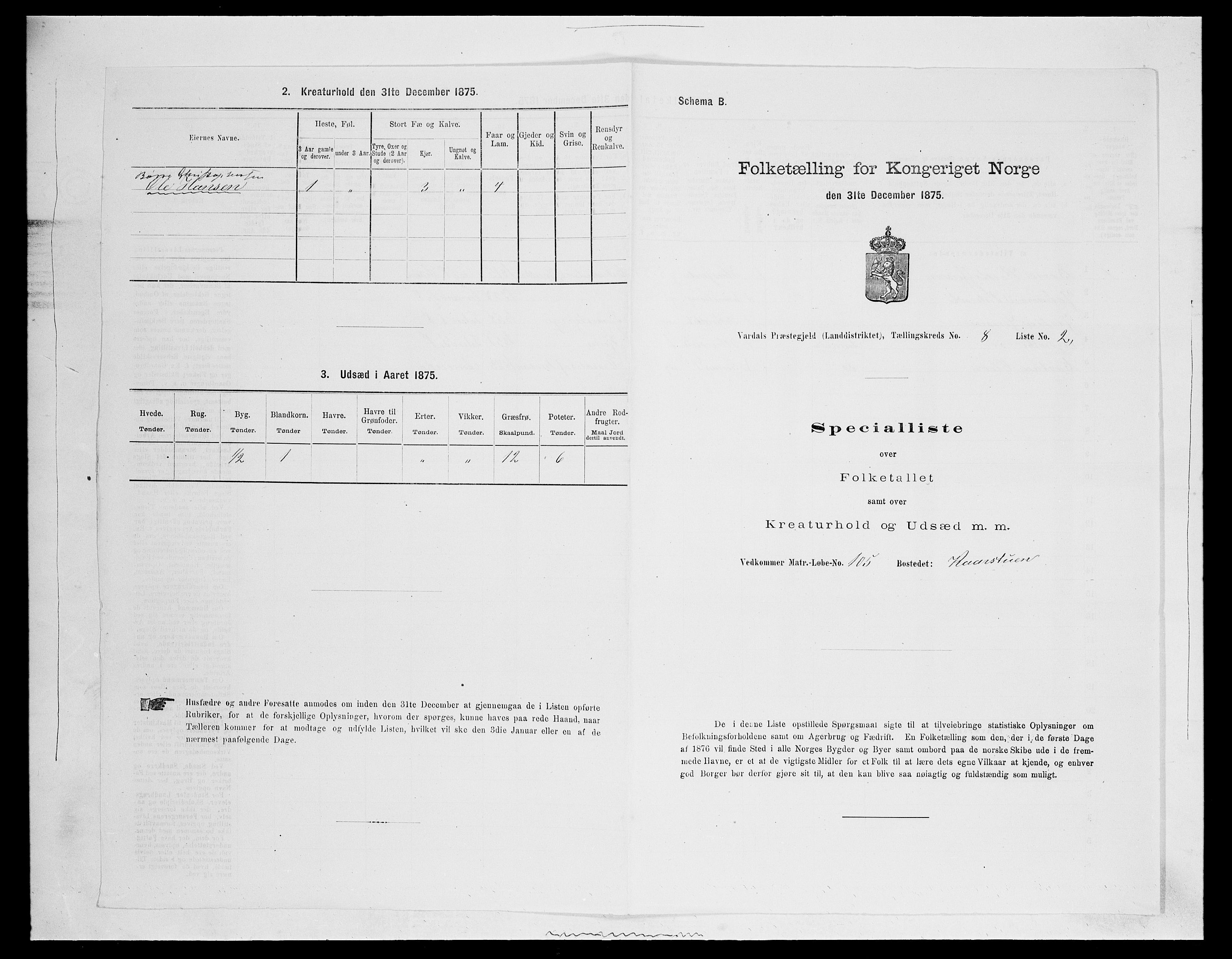 SAH, Folketelling 1875 for 0527L Vardal prestegjeld, Vardal sokn og Hunn sokn, 1875, s. 1126