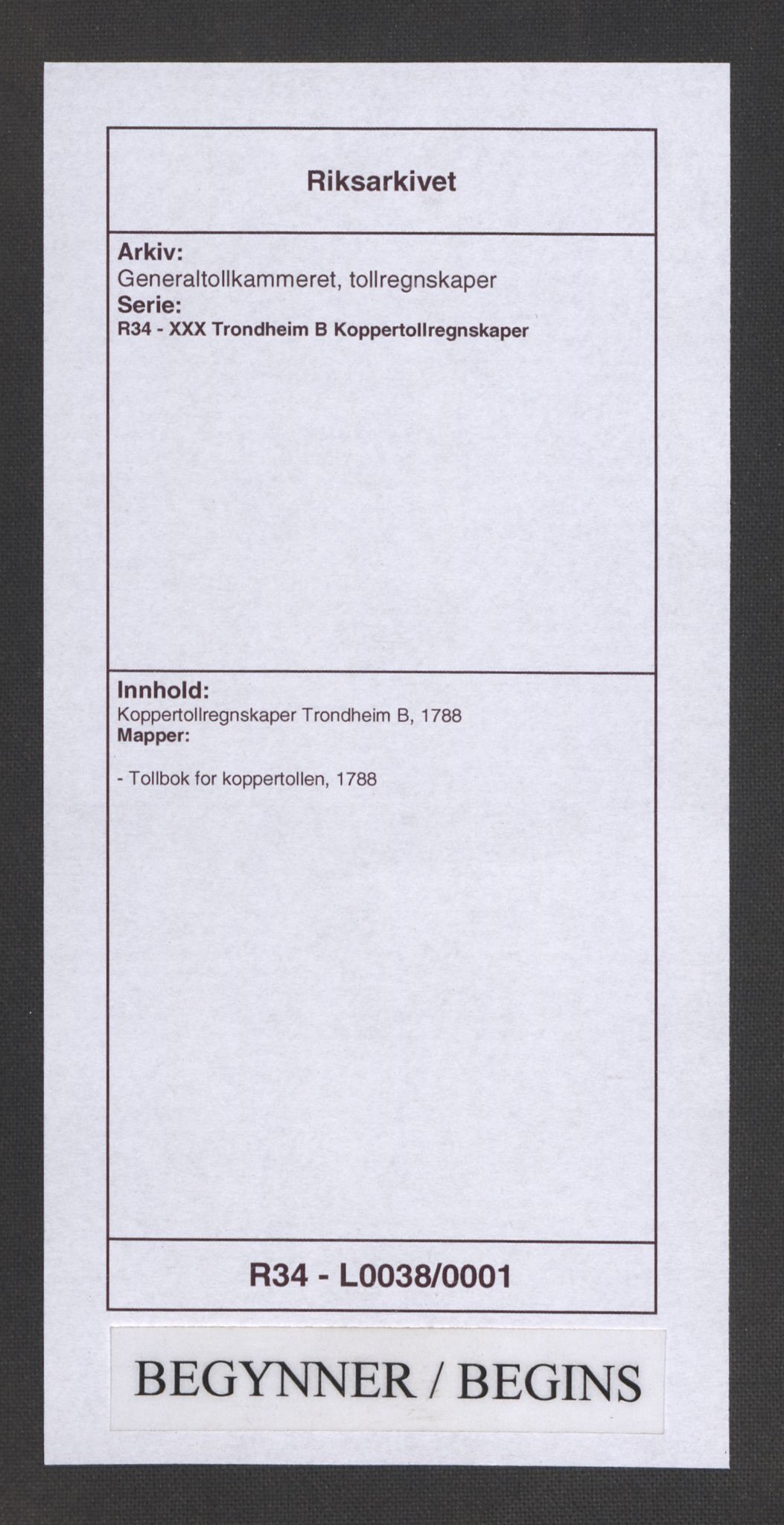 Generaltollkammeret, tollregnskaper, AV/RA-EA-5490/R34/L0038/0001: Koppertollregnskaper Trondheim B / Tollbok for koppertollen, 1788