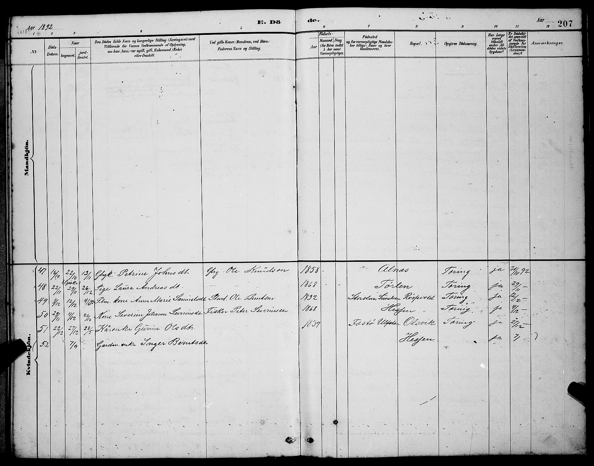 Ministerialprotokoller, klokkerbøker og fødselsregistre - Møre og Romsdal, SAT/A-1454/528/L0430: Klokkerbok nr. 528C11, 1884-1899, s. 207