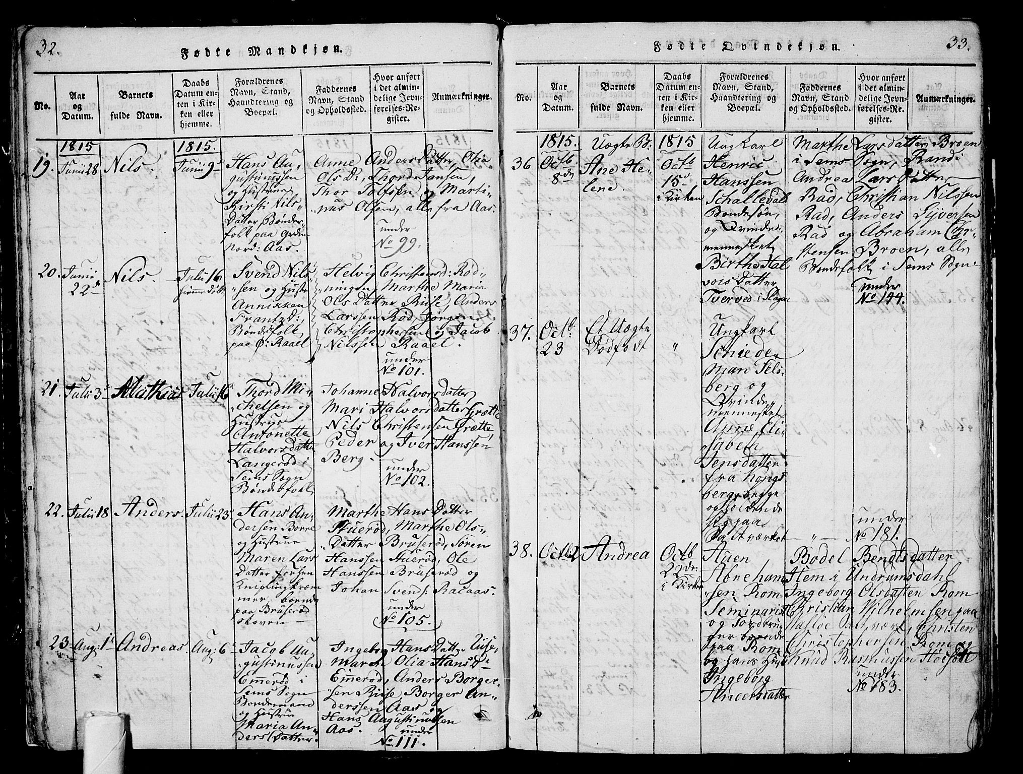 Sem kirkebøker, AV/SAKO-A-5/G/Ga/L0001: Klokkerbok nr. I 1, 1814-1825, s. 32-33