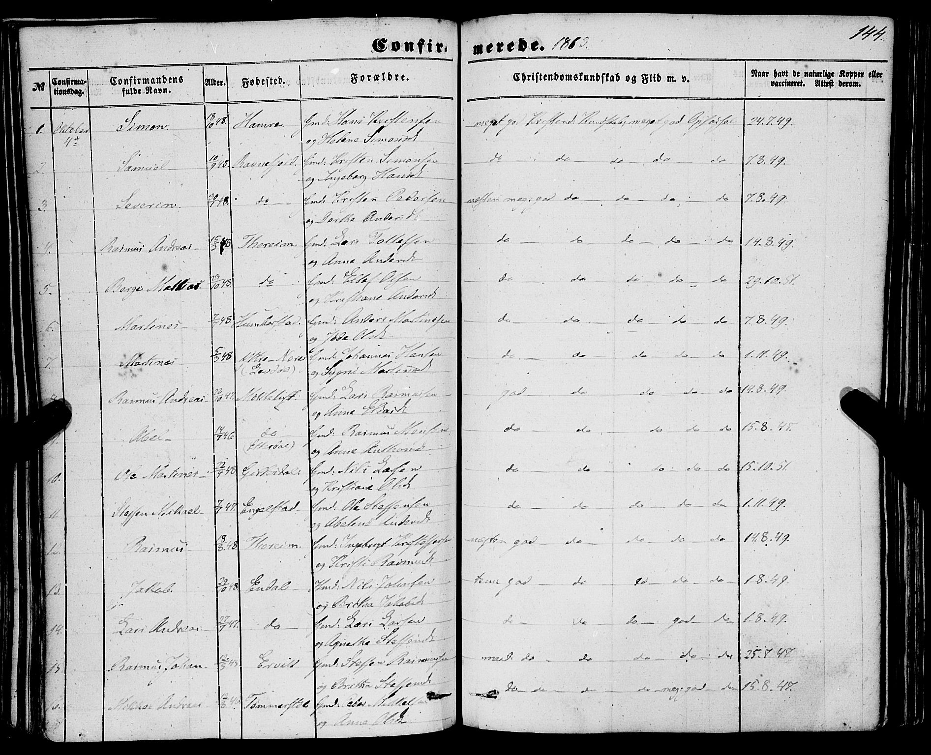 Davik sokneprestembete, AV/SAB-A-79701/H/Haa/Haaa/L0005: Ministerialbok nr. A 5, 1850-1866, s. 144