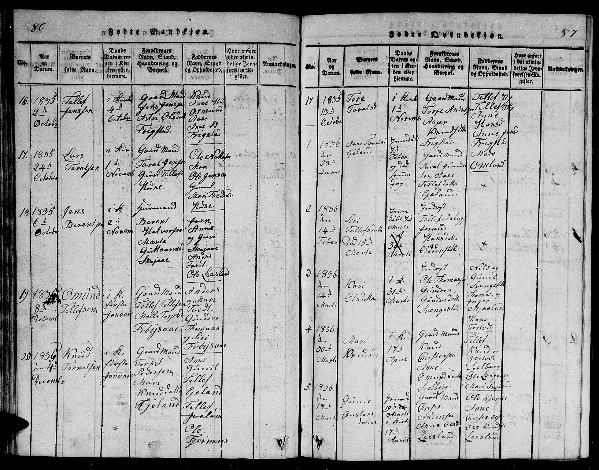 Evje sokneprestkontor, SAK/1111-0008/F/Fb/Fbc/L0001: Klokkerbok nr. B 1, 1816-1836, s. 86-87