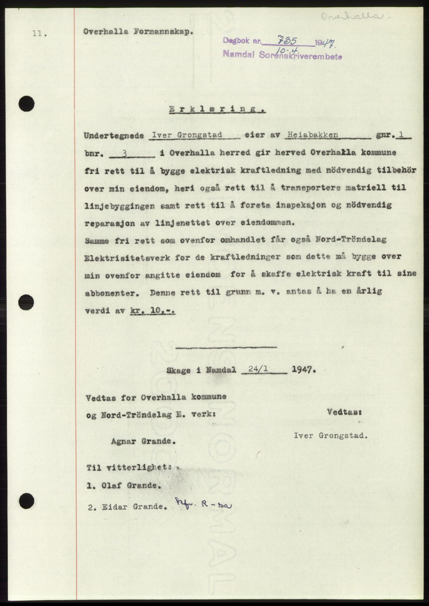 Namdal sorenskriveri, SAT/A-4133/1/2/2C: Pantebok nr. -, 1947-1947, Dagboknr: 735/1947
