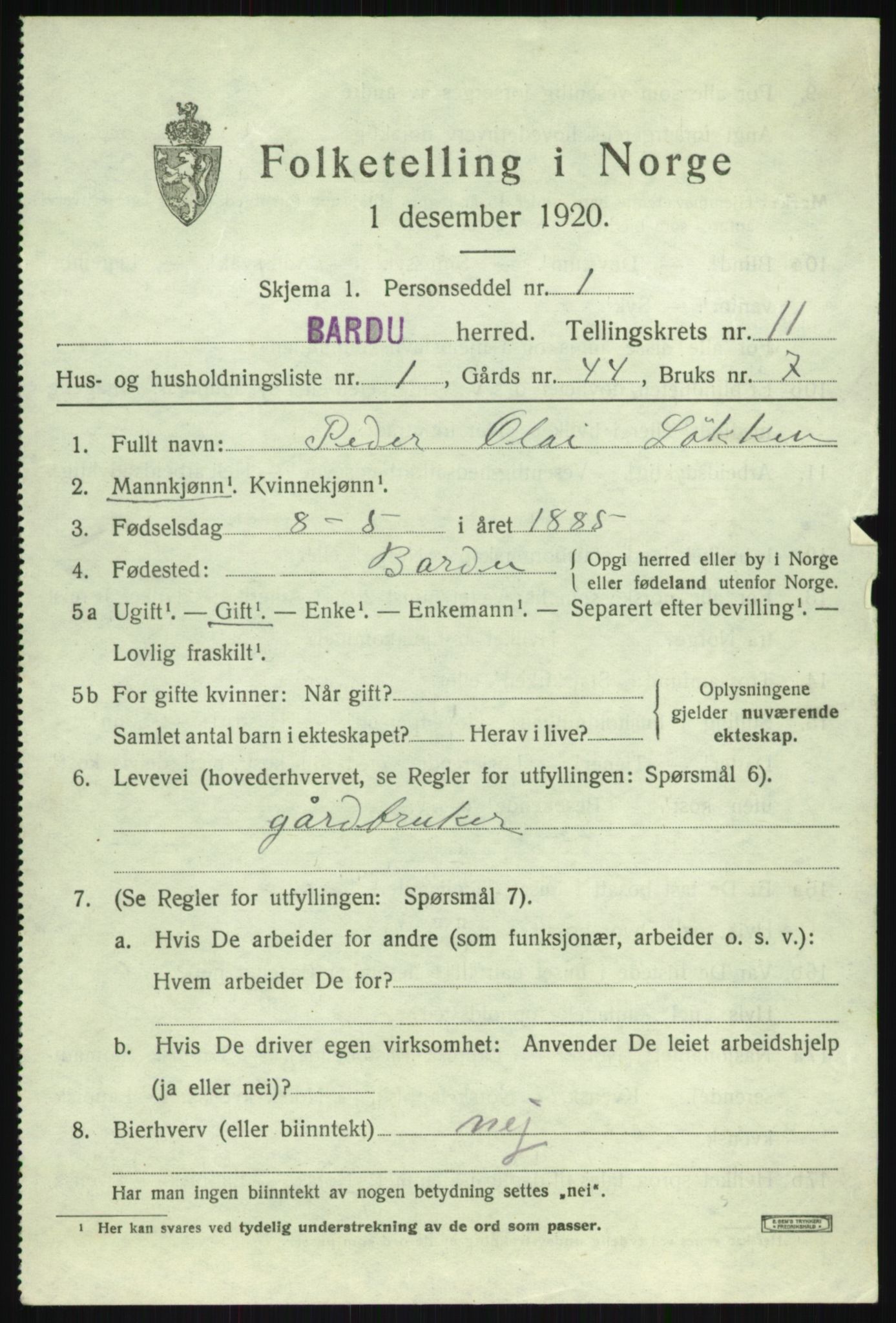 SATØ, Folketelling 1920 for 1922 Bardu herred, 1920, s. 3487