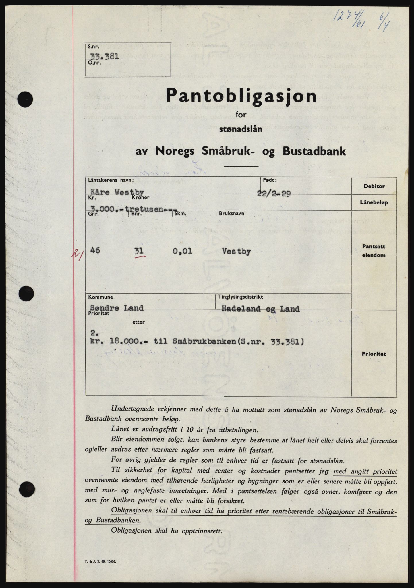 Hadeland og Land tingrett, SAH/TING-010/H/Hb/Hbc/L0045: Pantebok nr. B45, 1961-1961, Dagboknr: 1274/1961