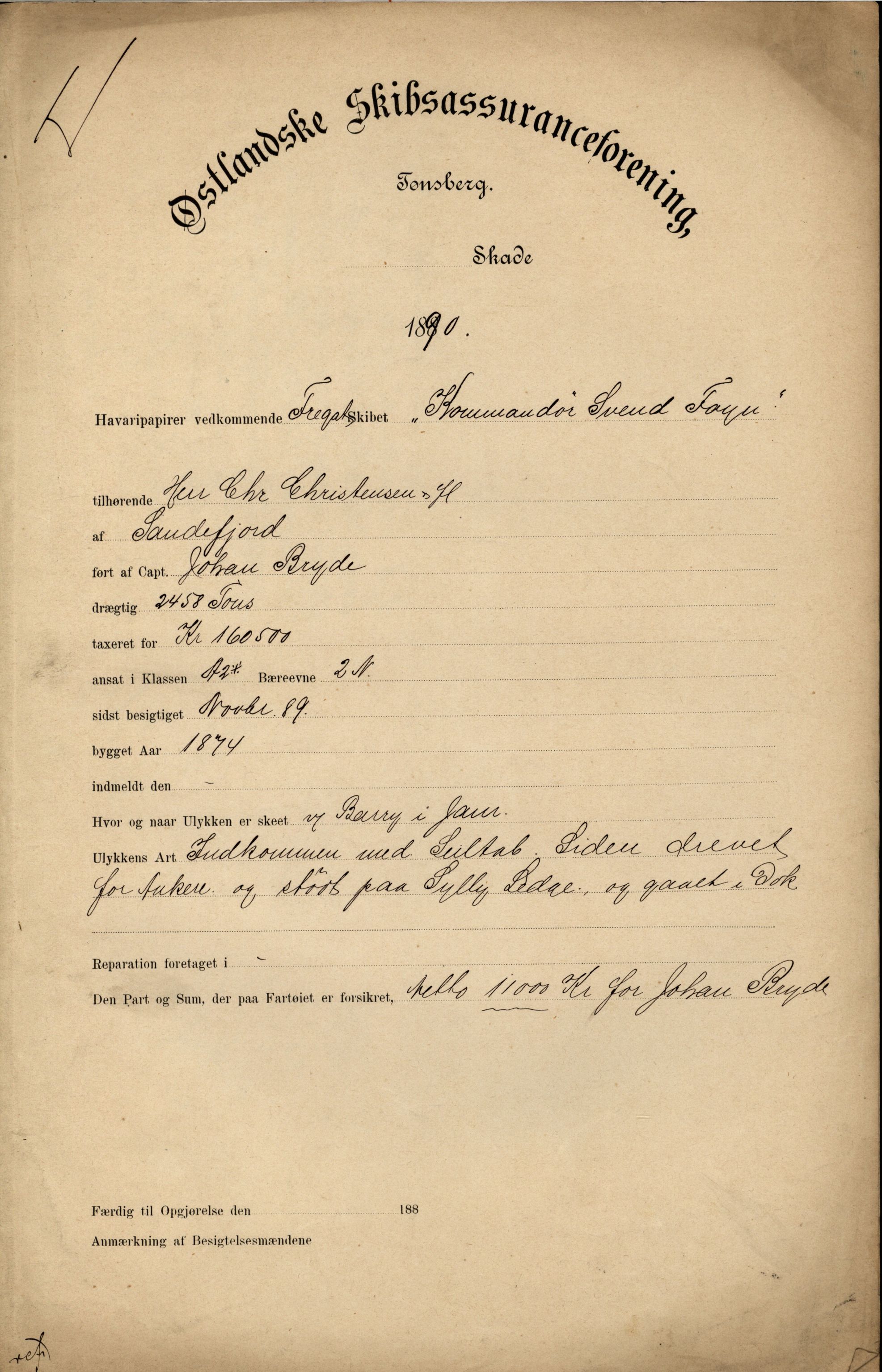 Pa 63 - Østlandske skibsassuranceforening, VEMU/A-1079/G/Ga/L0026/0006: Havaridokumenter / Isbaaden, Sophie & Nicoline, Sophie, Kommandor, Svend Foyn, 1890, s. 19