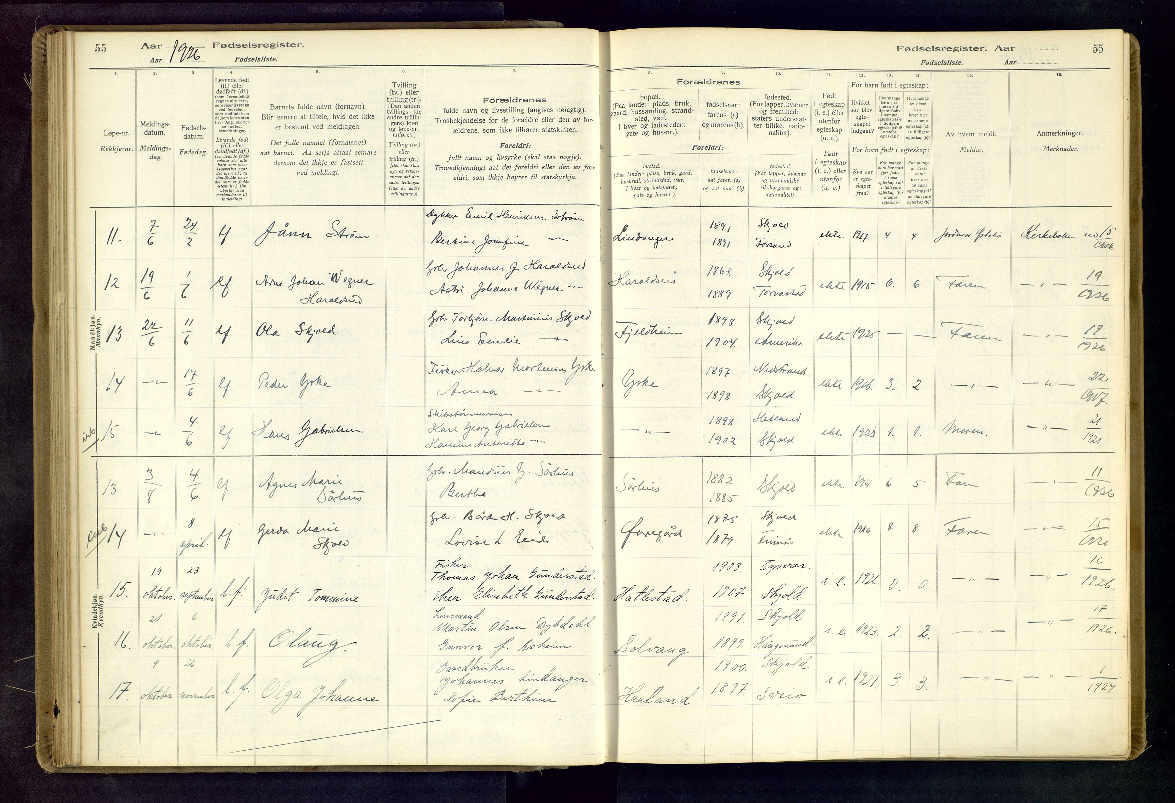 Skjold sokneprestkontor, AV/SAST-A-101847/I/Id/L0001: Fødselsregister nr. 1, 1917-1951, s. 55