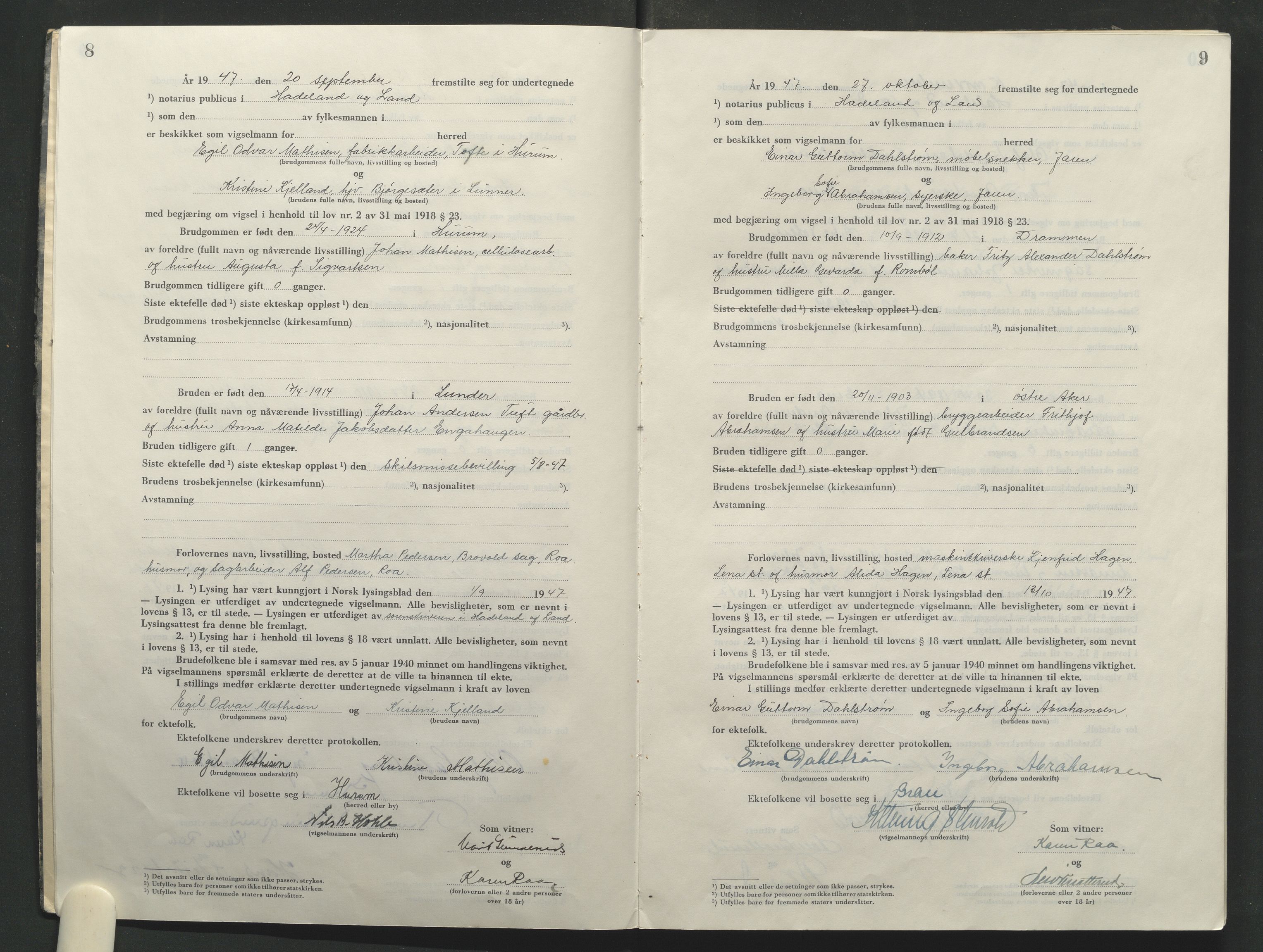 Hadeland og Land tingrett, AV/SAH-TING-010/L/Lb/L0004: Vigselbok, 1947-1969, s. 8-9