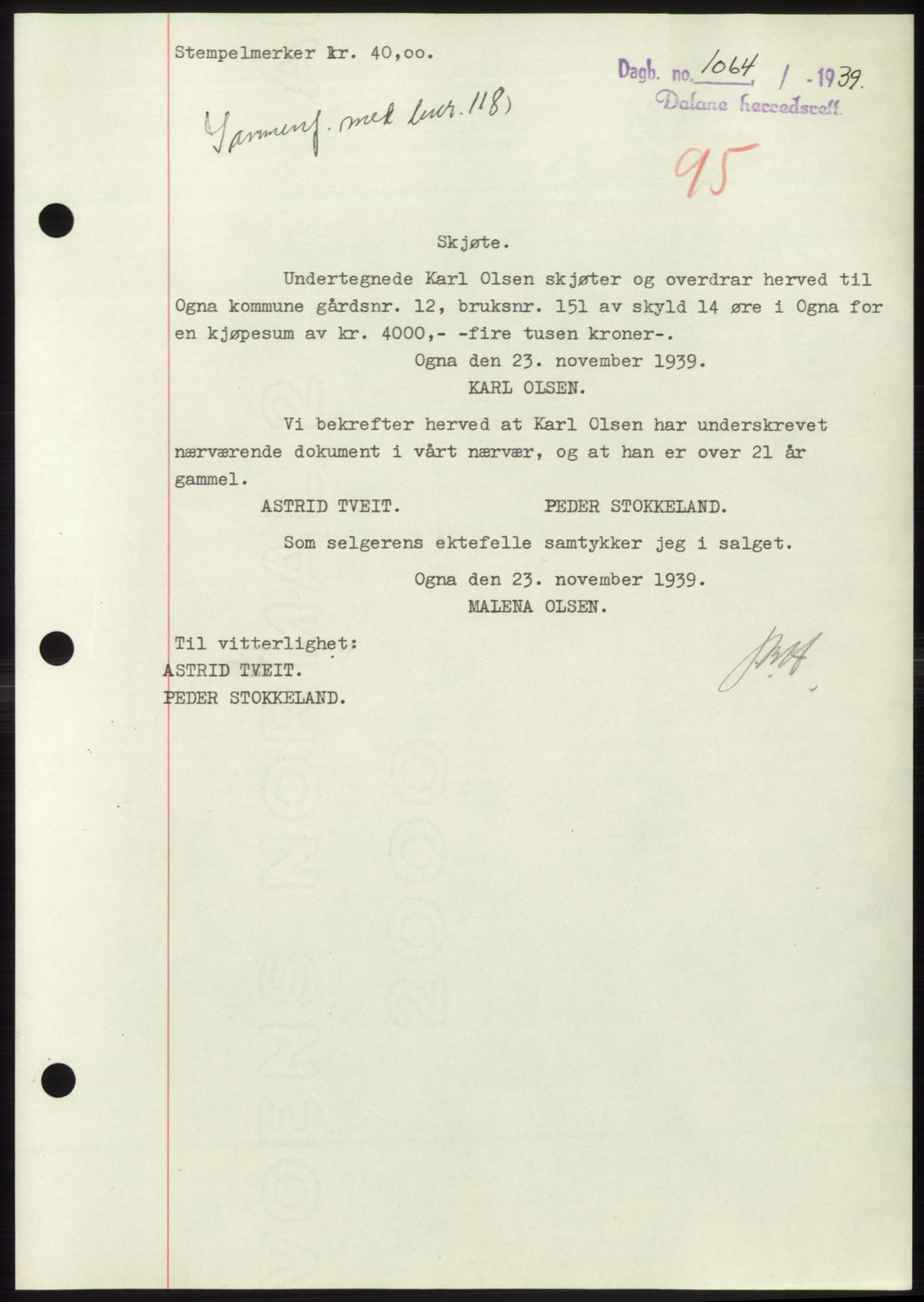 Dalane sorenskriveri, SAST/A-100309/02/G/Gb/L0058: Pantebok, 1926-1950, Tingl.dato: 28.11.1939
