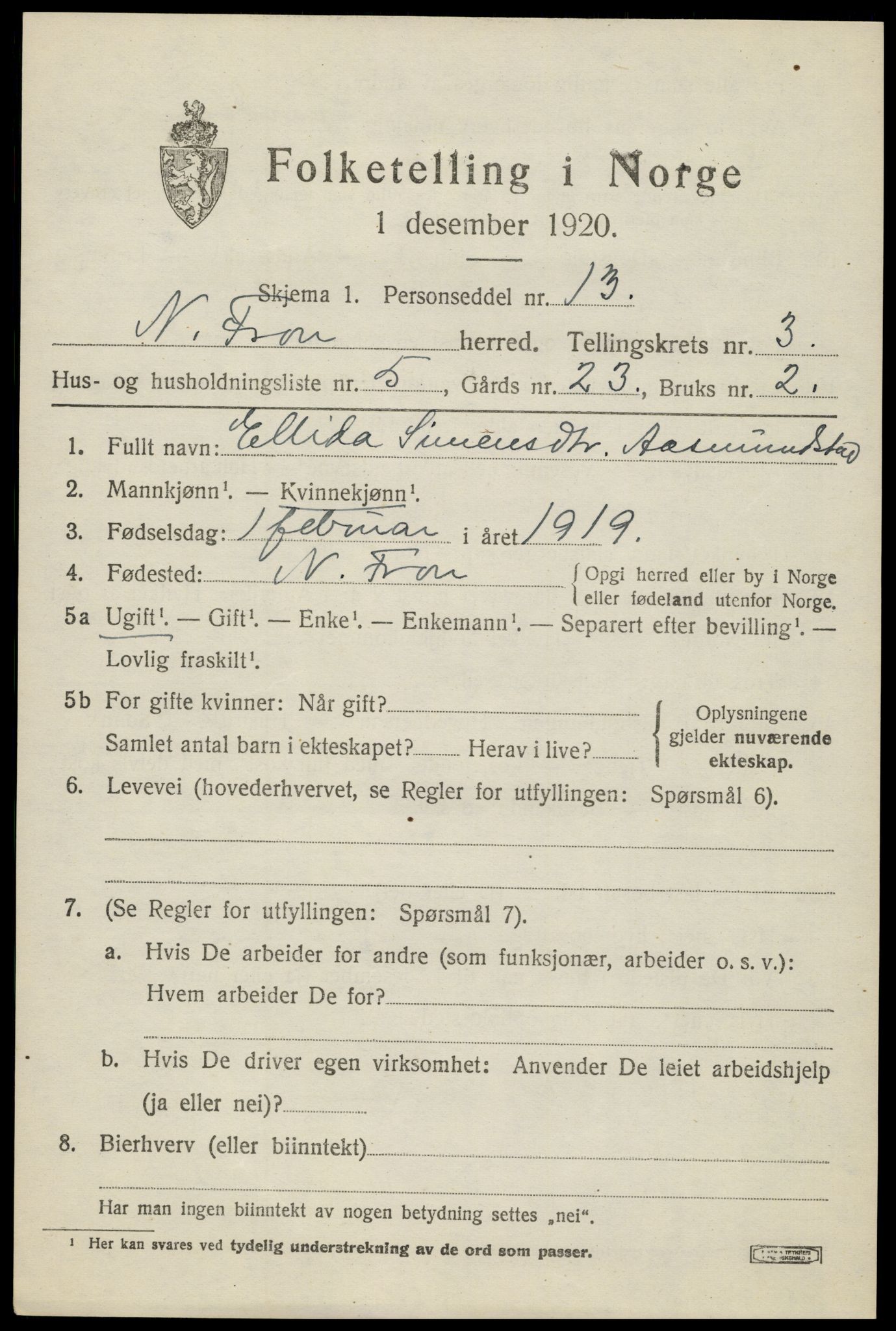 SAH, Folketelling 1920 for 0518 Nord-Fron herred, 1920, s. 3106