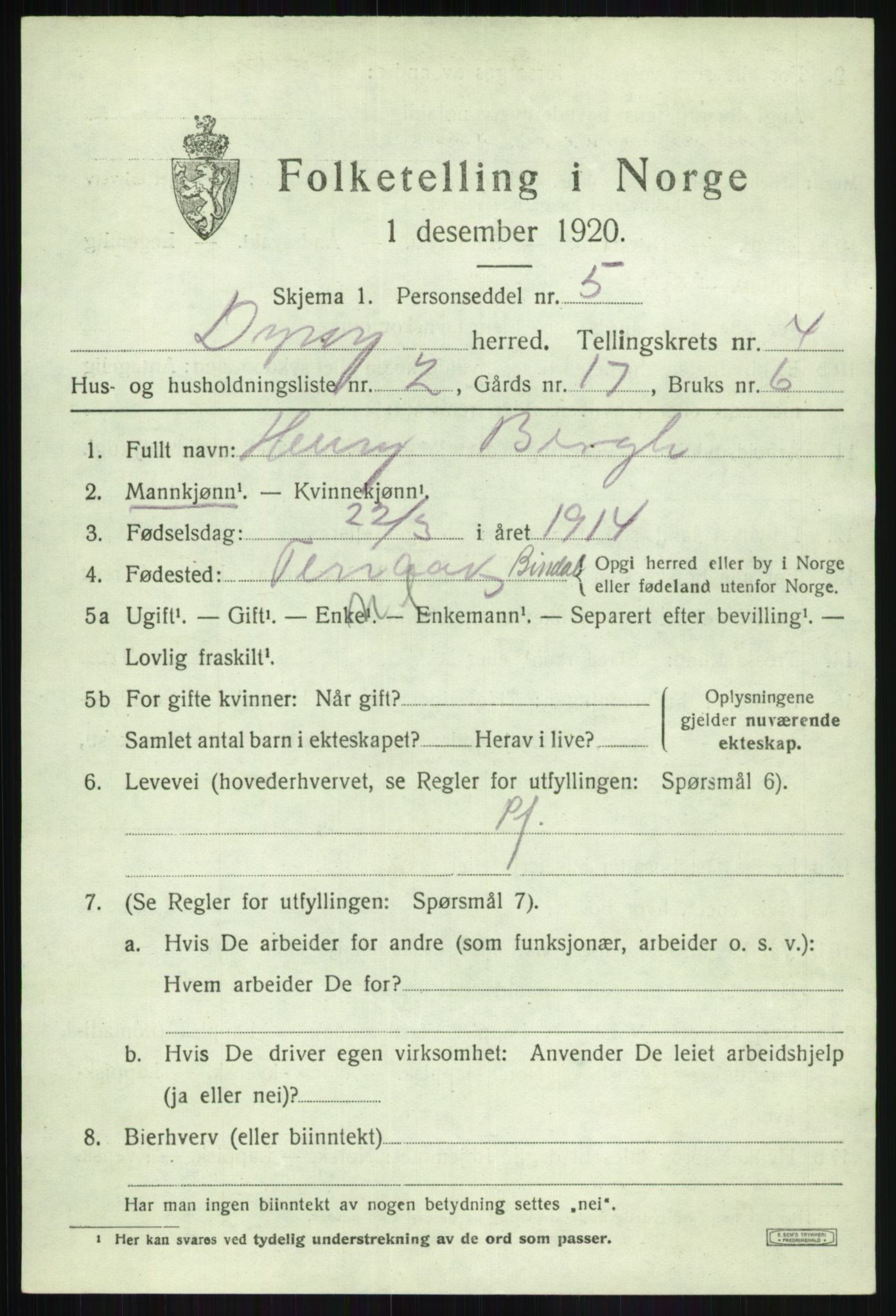 SATØ, Folketelling 1920 for 1926 Dyrøy herred, 1920, s. 2217