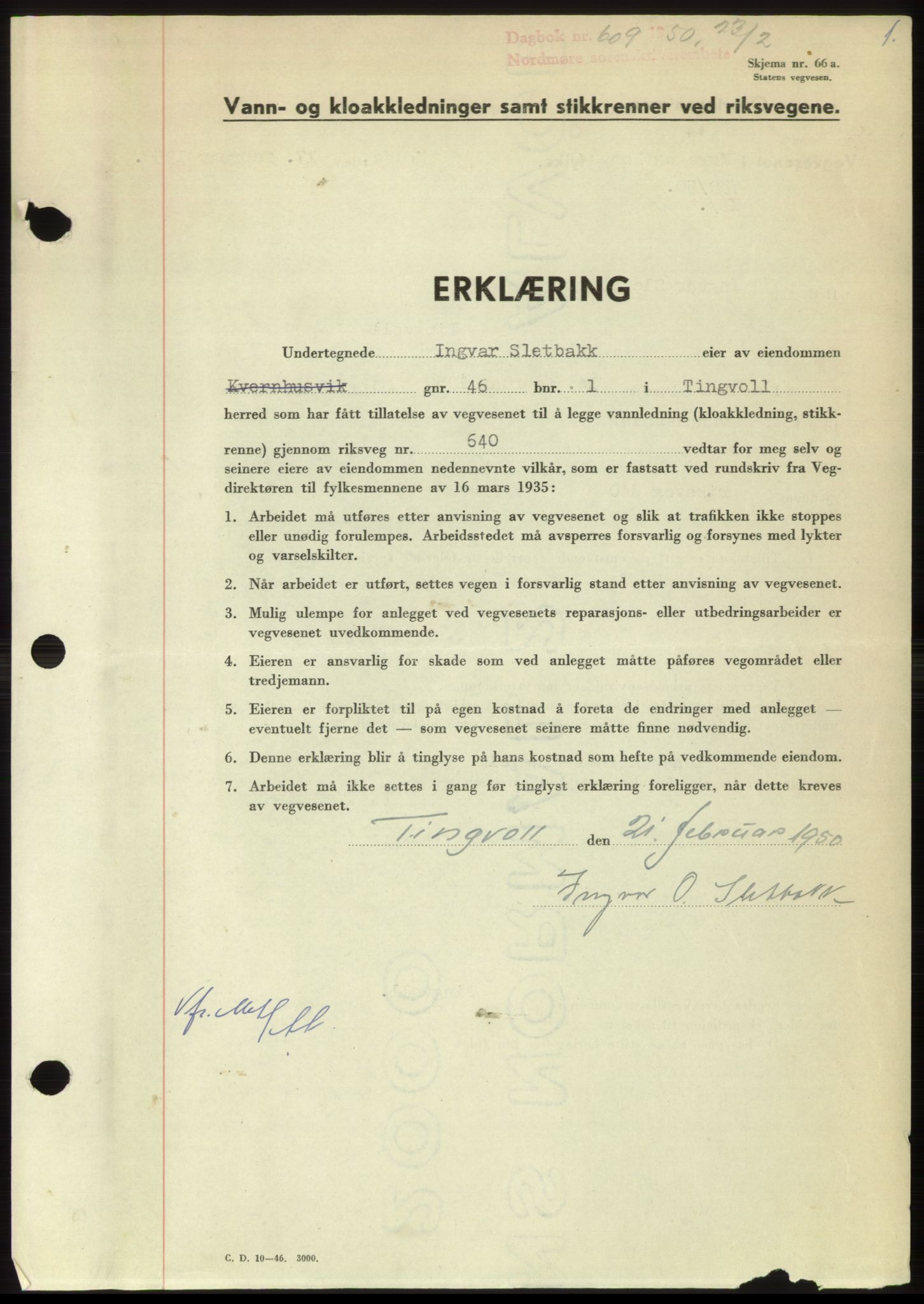 Nordmøre sorenskriveri, SAT/A-4132/1/2/2Ca: Pantebok nr. B104, 1950-1950, Dagboknr: 609/1950