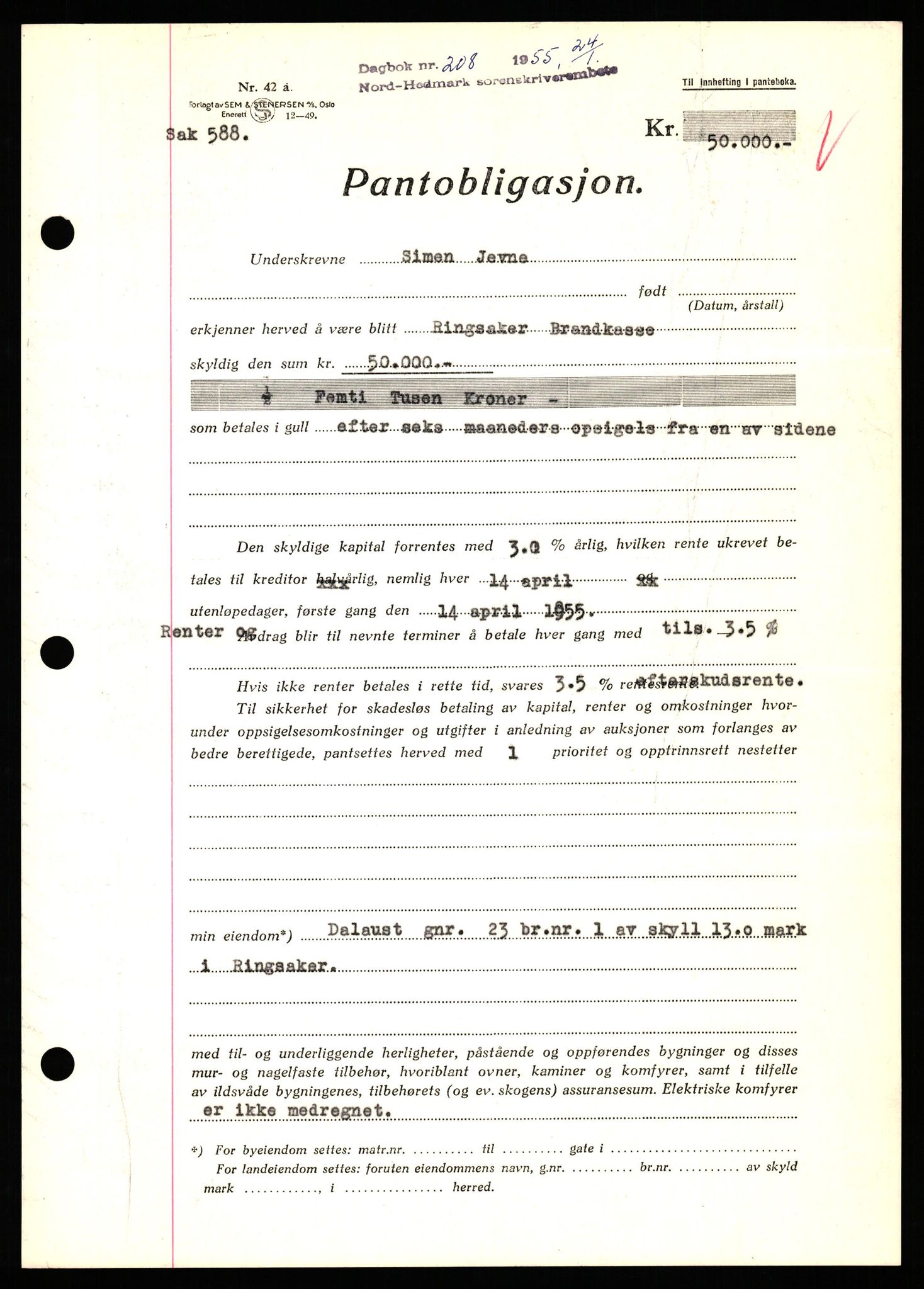 Nord-Hedmark sorenskriveri, SAH/TING-012/H/Hb/Hbf/L0032: Pantebok nr. B32, 1955-1955, Dagboknr: 208/1952