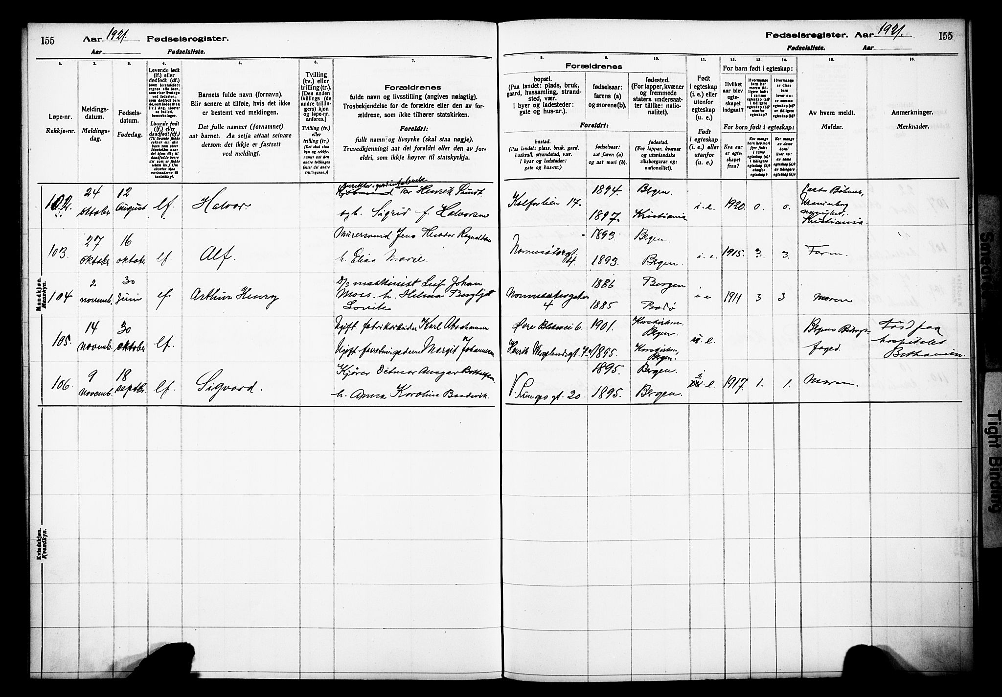 Domkirken sokneprestembete, AV/SAB-A-74801/I/Id/L00A1: Fødselsregister nr. A 1, 1916-1923, s. 155