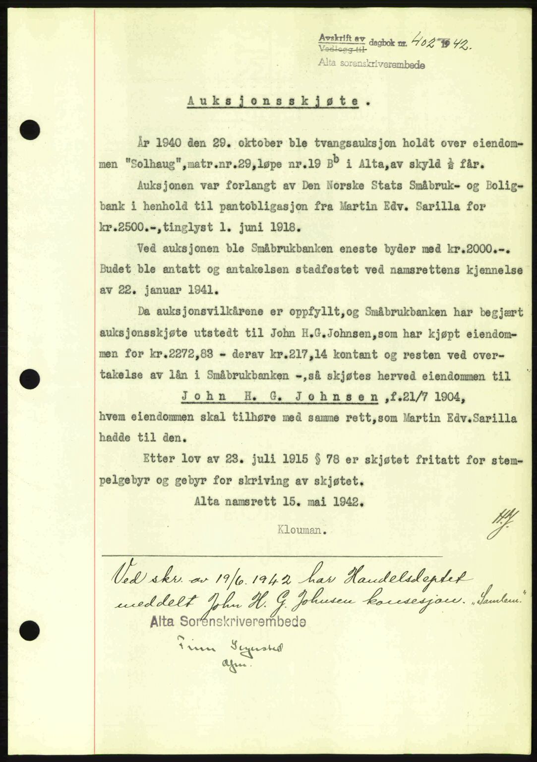 Alta fogderi/sorenskriveri, SATØ/SATØ-5/1/K/Kd/L0033pantebok: Pantebok nr. 33, 1940-1943, Dagboknr: 402/1942