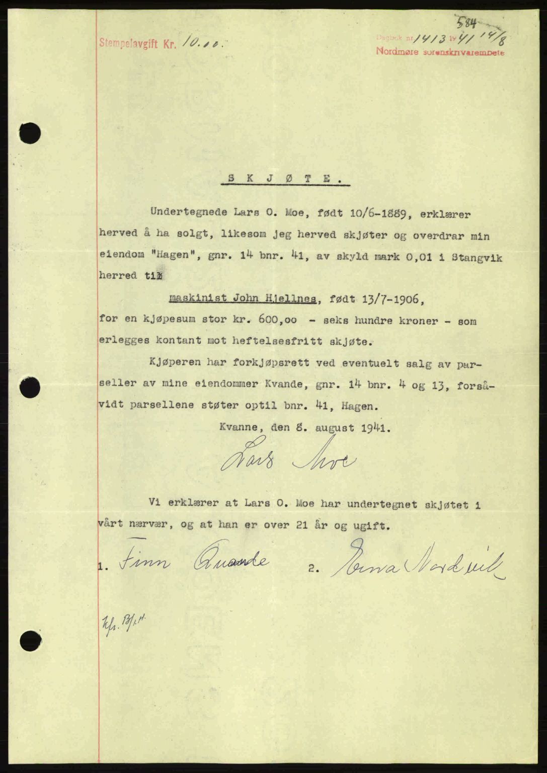 Nordmøre sorenskriveri, SAT/A-4132/1/2/2Ca: Pantebok nr. A90, 1941-1941, Dagboknr: 1413/1941