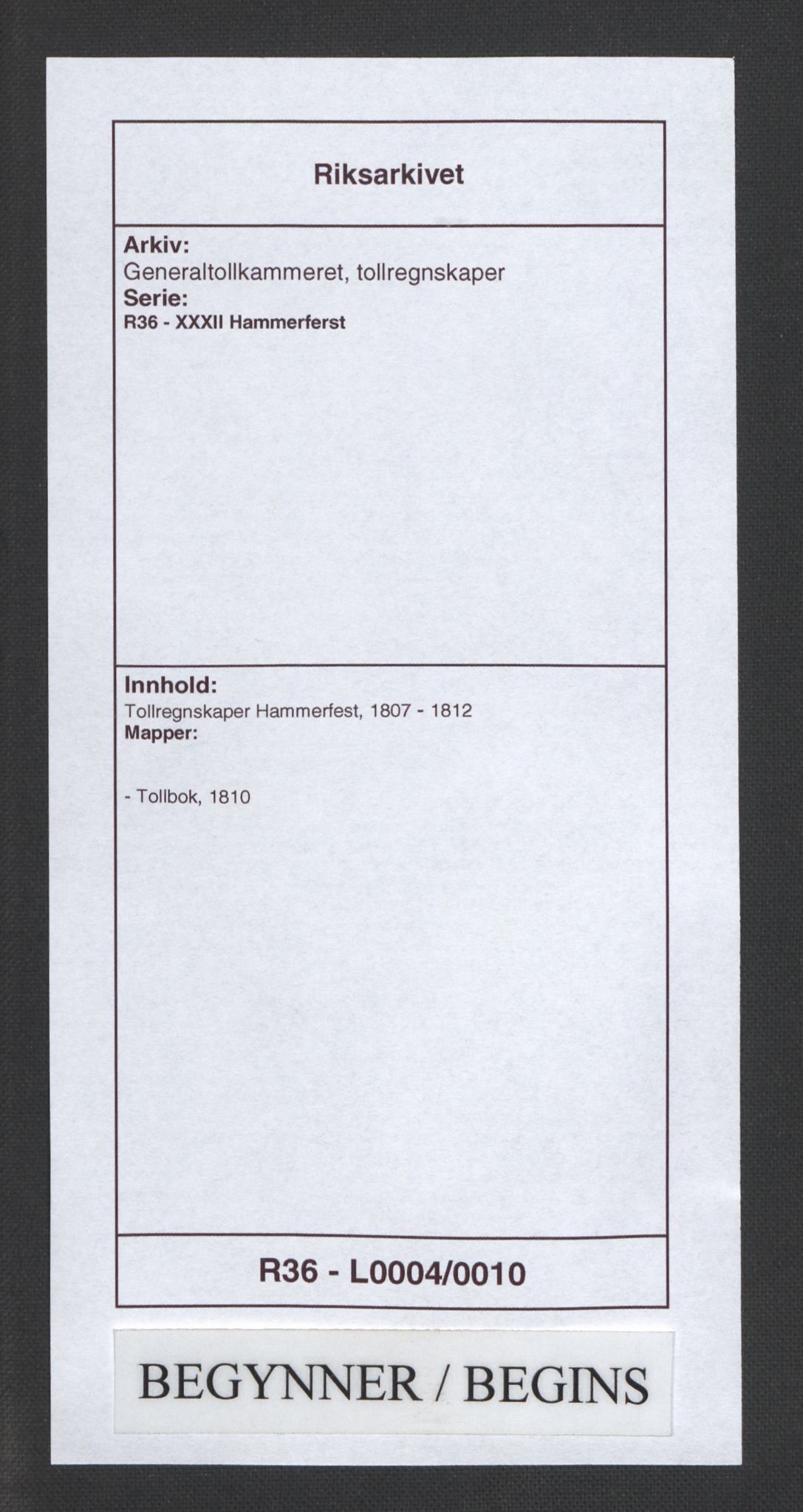 Generaltollkammeret, tollregnskaper, RA/EA-5490/R36/L0004/0014: Tollregnskaper Hammerfest / Tollbok, 1810