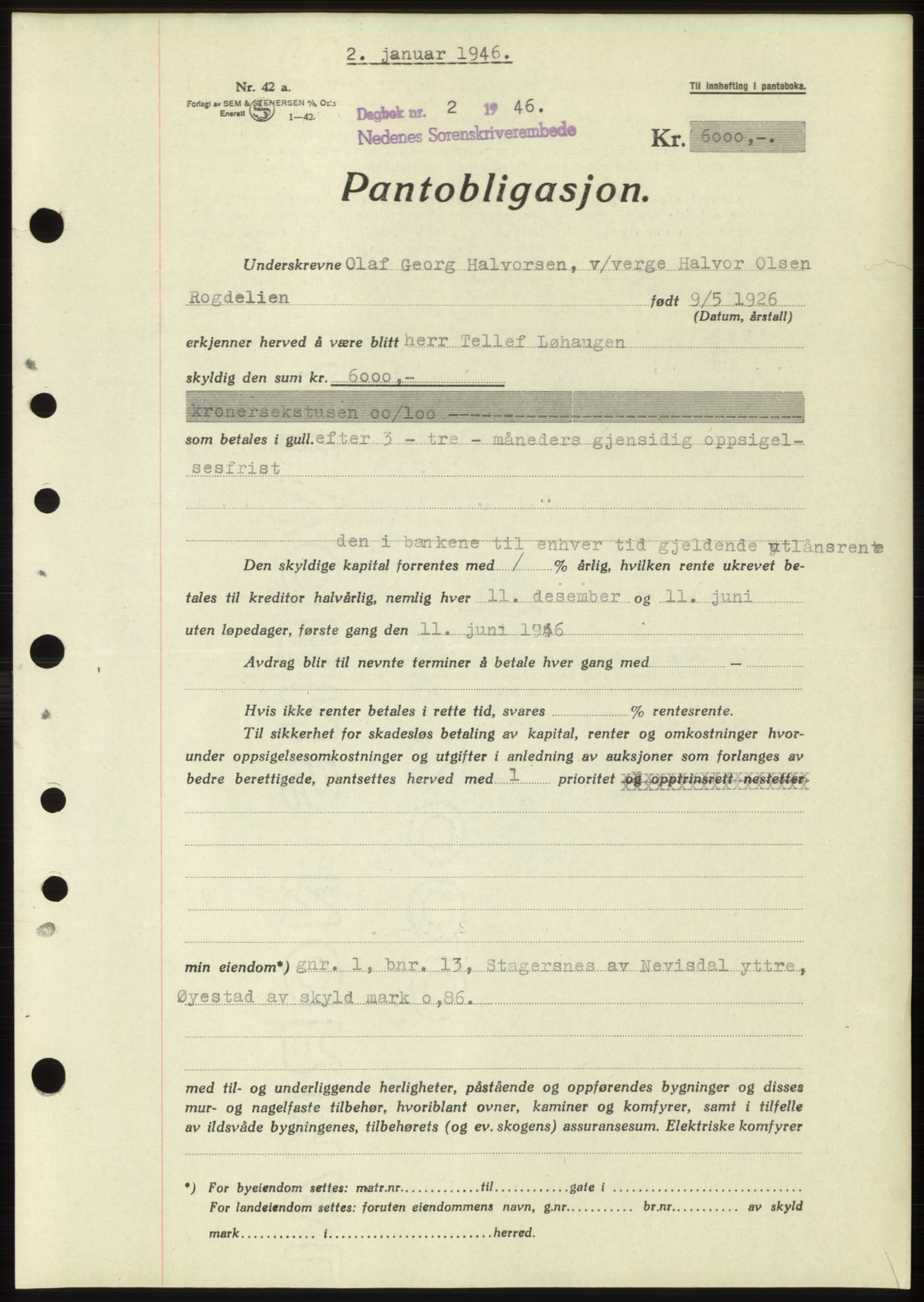 Nedenes sorenskriveri, SAK/1221-0006/G/Gb/Gbb/L0003: Pantebok nr. B3b, 1946-1946, Dagboknr: 2/1946