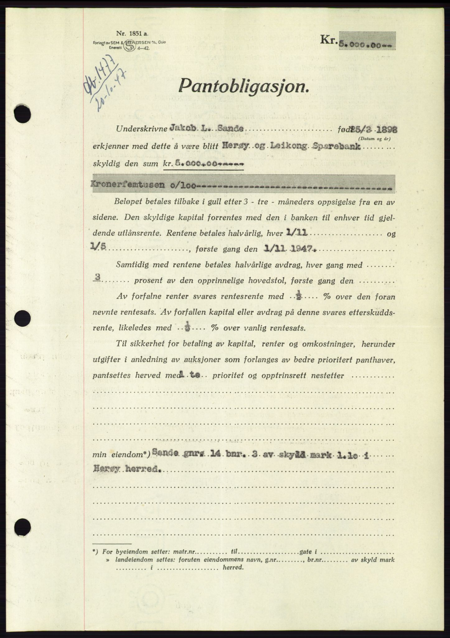 Søre Sunnmøre sorenskriveri, AV/SAT-A-4122/1/2/2C/L0115: Pantebok nr. 3B, 1947-1948, Dagboknr: 1477/1947